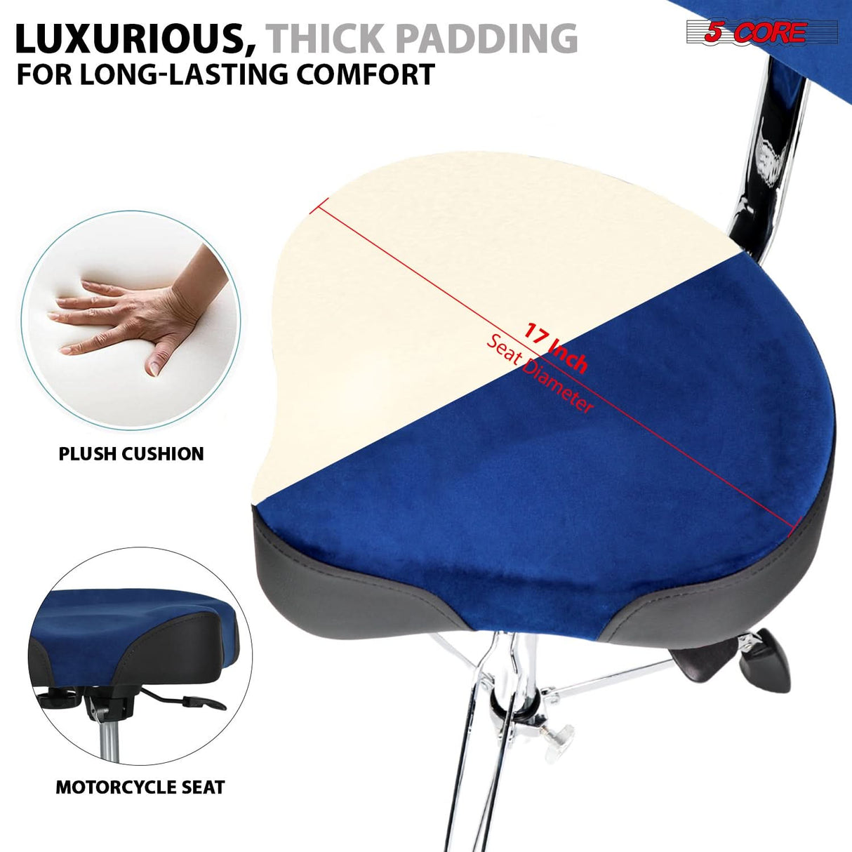 5 Core Drum Throne w Backrest 4" Padded Stool Airlift 25" Adjustable Drummer Stool 441Lb Capacity