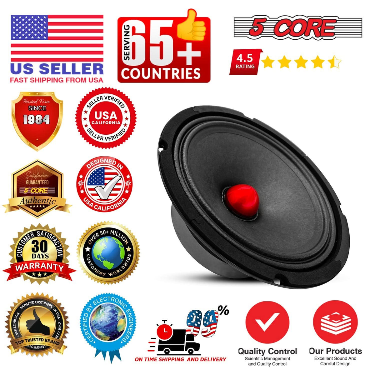 5 Core 8" Midrange Speaker 2Pc 500W Aluminum Bullet 8Ohm Pro Audio Slim PA DJ Car Door Loudspeaker