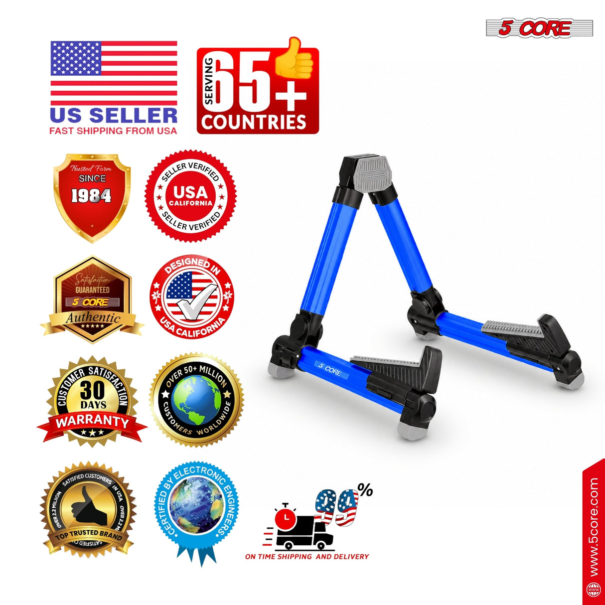5 Core Guitar Stand Adjustable A Frame Shape w Rubber Pad Arms Supports Acoustic Electric Bass Blue