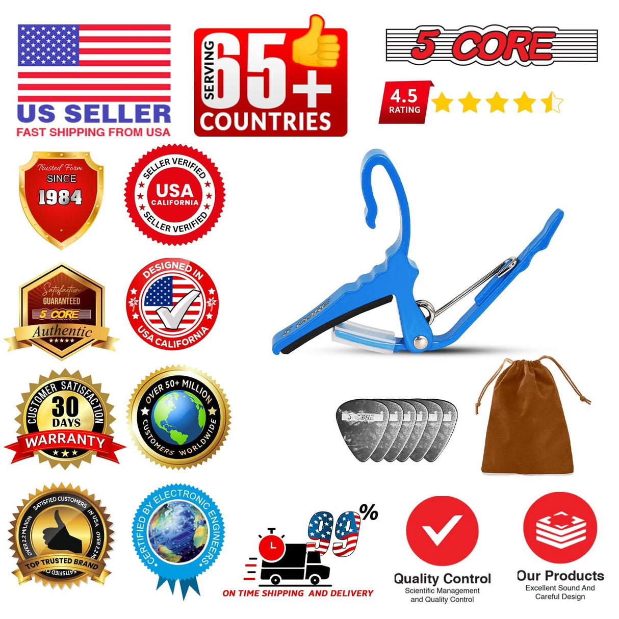 5 Core Guitar Capo Pair Quick Change Acoustic Electric String Clip Banjo Mandolin Or Ukulele Blue