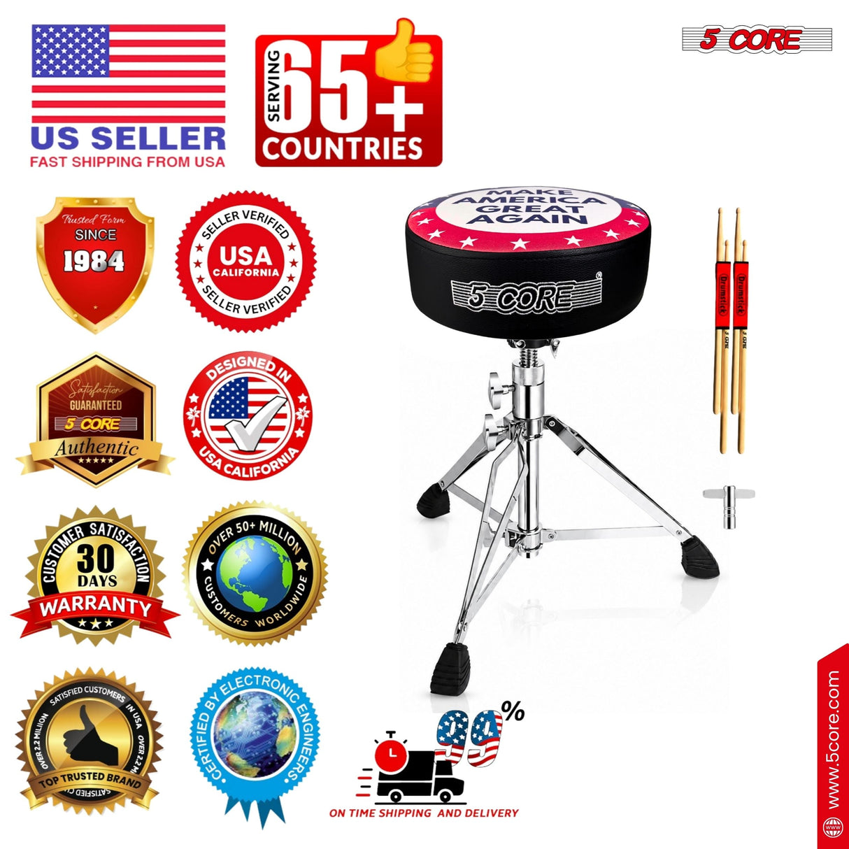5 Core Drum Throne 4" Padded 23" Adjustable Drummer Stool Seat w Make America Great Again Insignia