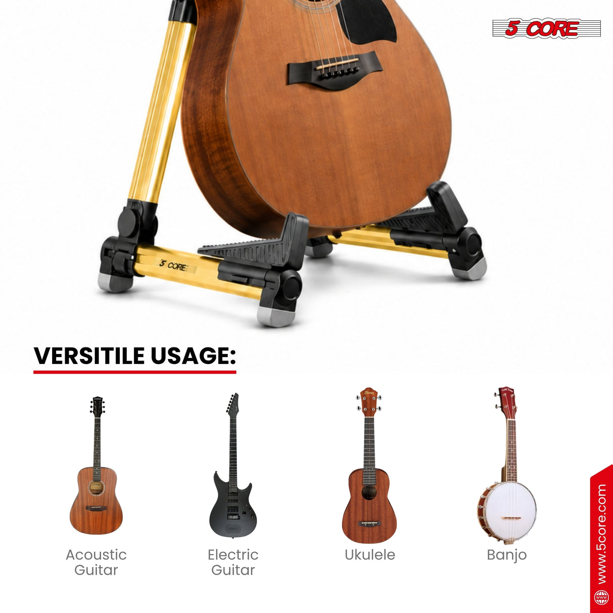 5 Core Guitar Stand Adjustable A Frame Shape w Rubber Pad Arms Supports Acoustic Electric Bass Gold