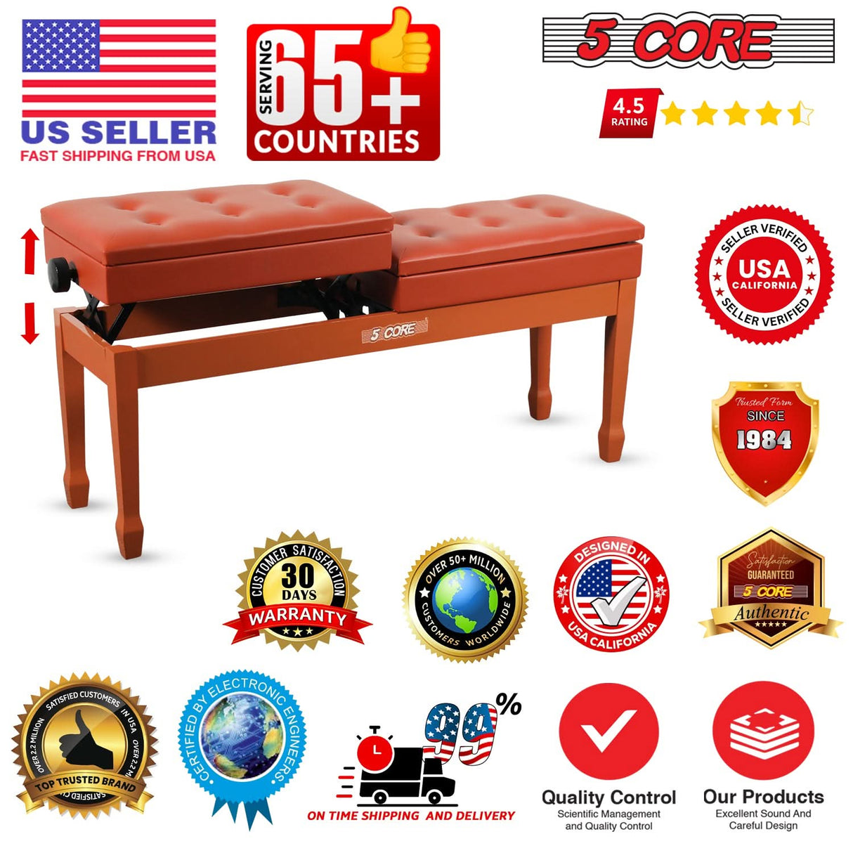 5 Core Duet Piano Bench 3.5 Inch Padded Cushioned Stool Wooden Heavy Duty Musician Chair w Storage