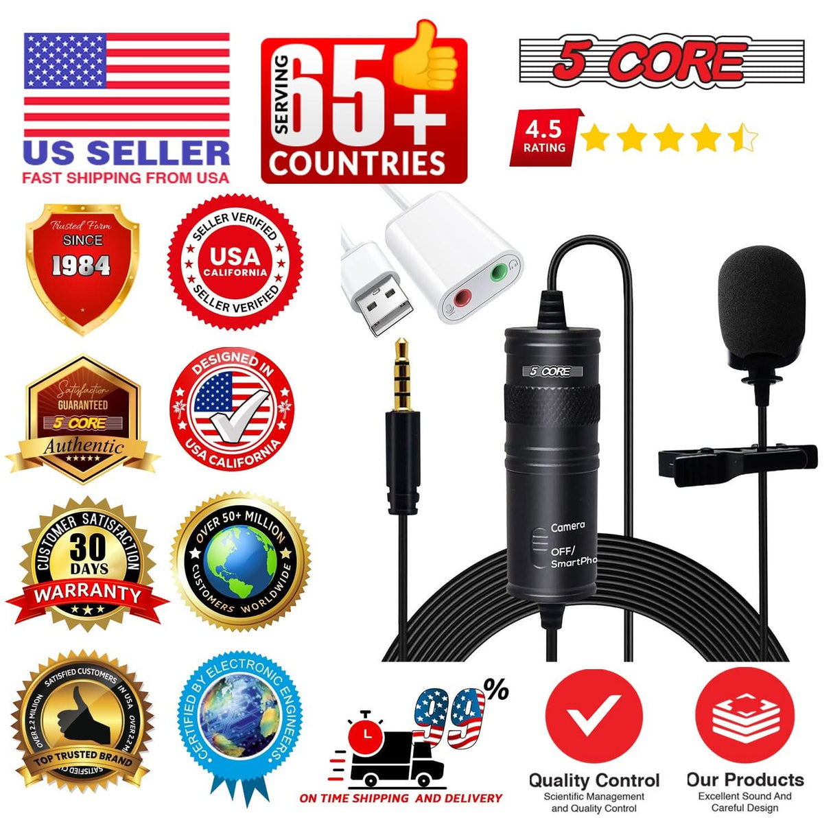 5Core Lavalier Microphone Clip On Professional Grade 3.5mm Lav Lapel Mic Omnidirectional