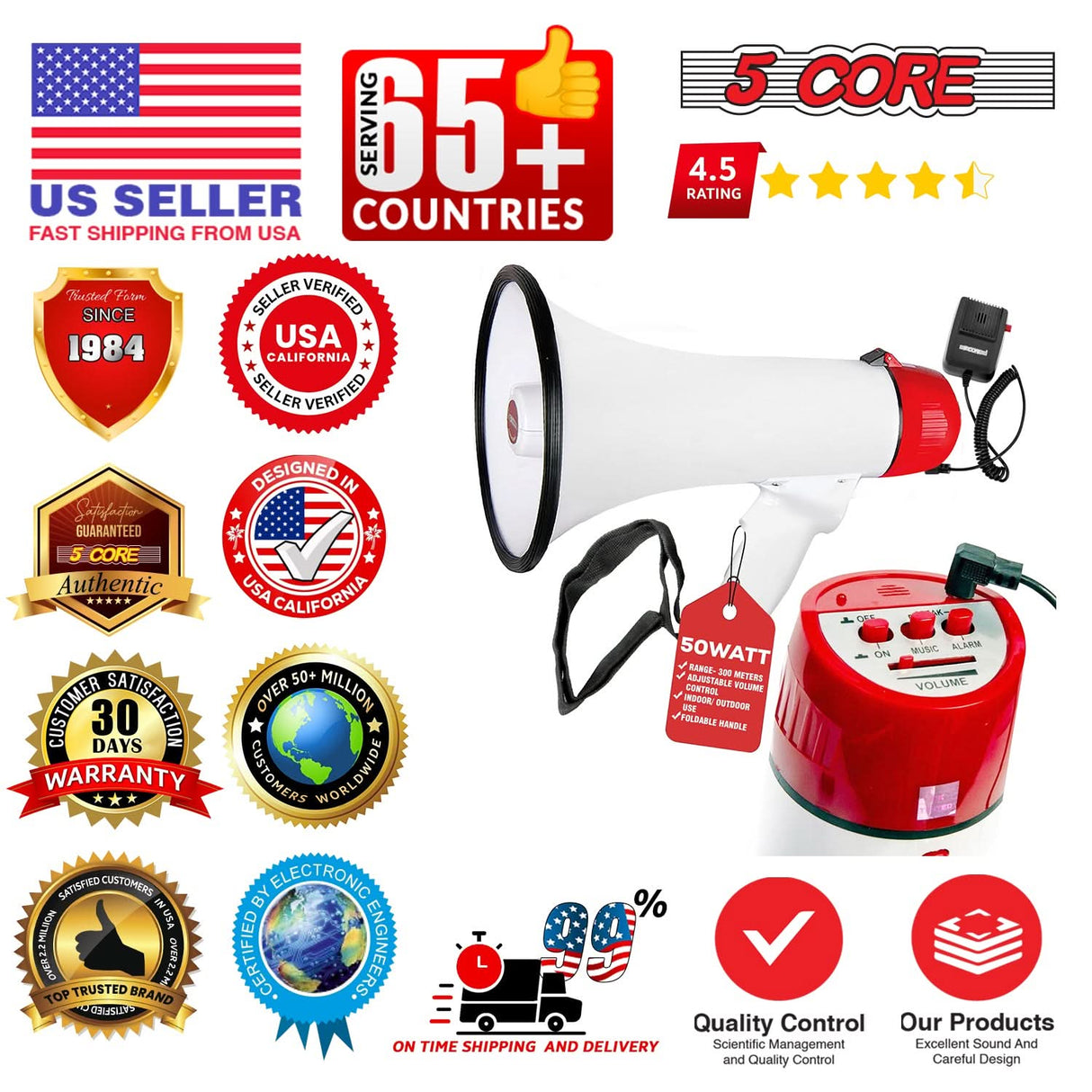 5 Core Megaphone 50W Bull Horn PA Speaker w 300M Range Loud Siren Voice Amplifier Portable