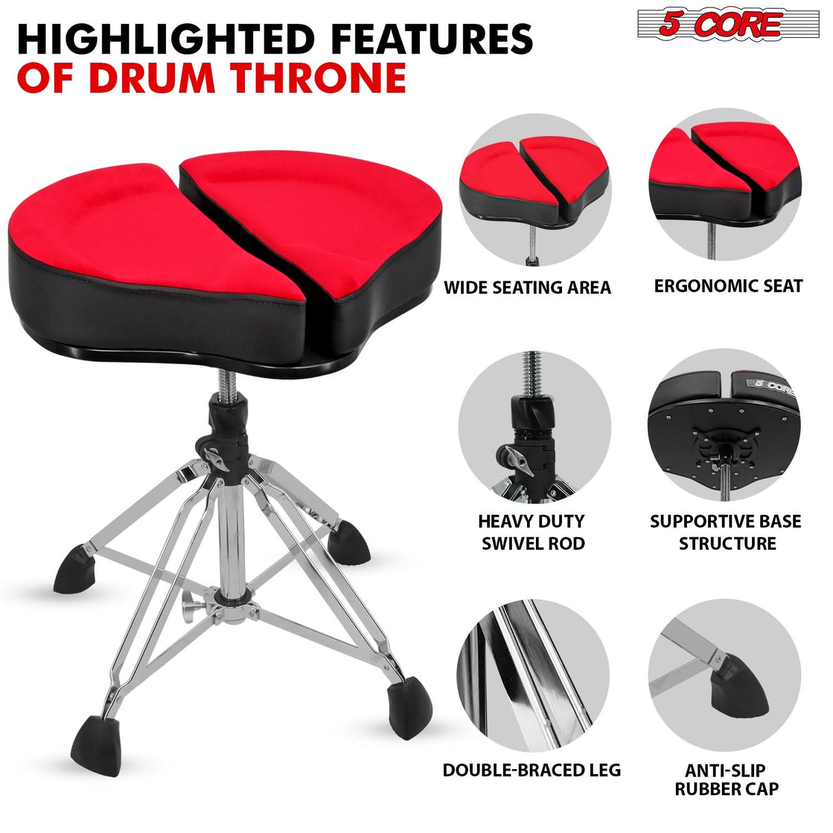 5 Core Drum Throne 5" Padded Split Spine Support 4 Legged 441Lb Capacity Drummer Stool