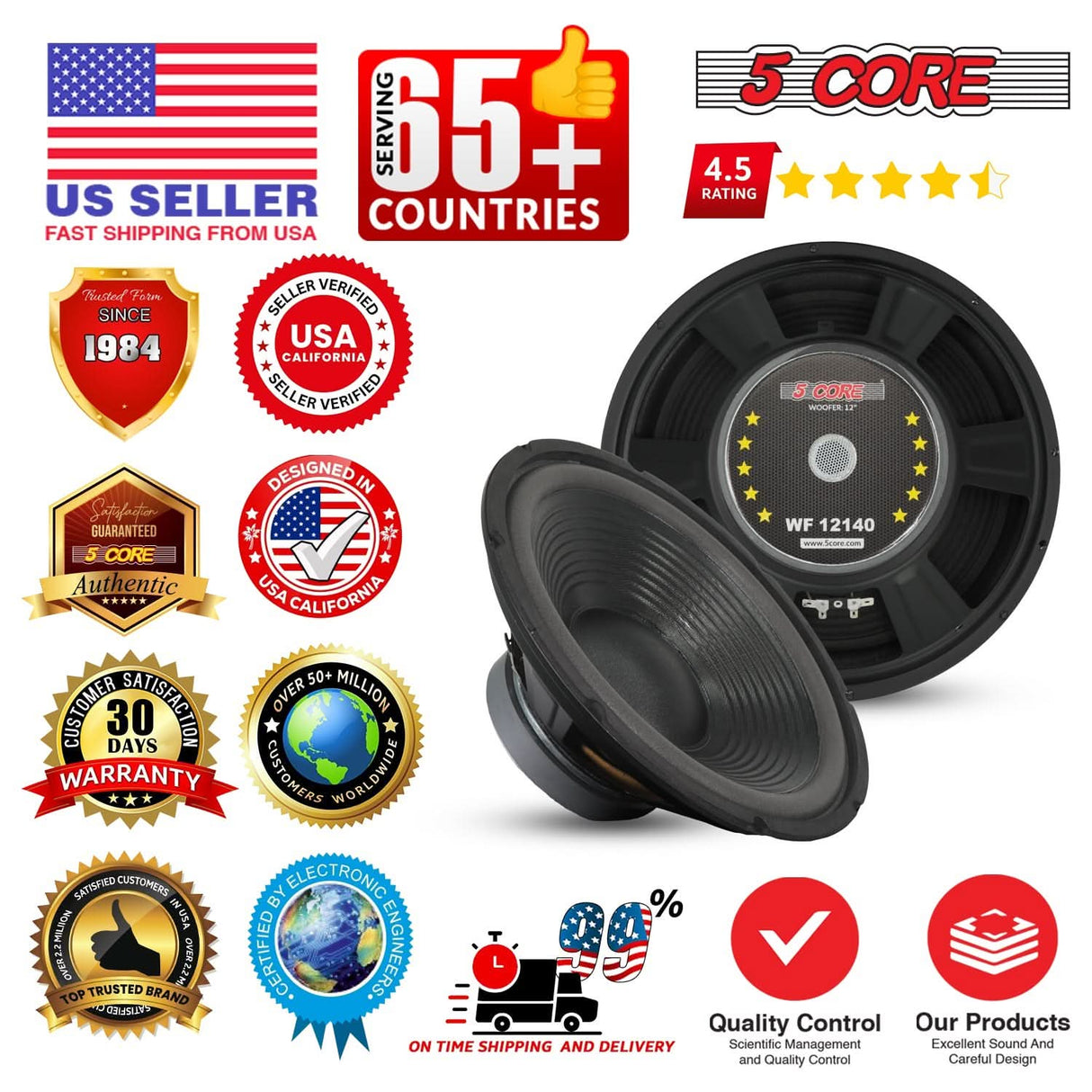 5 Core Car Subwoofer 2Pc 300W 12" Deep Bass Replacement Speaker 4Ohm 40 - 3.5 KHz Component Sub Woofer