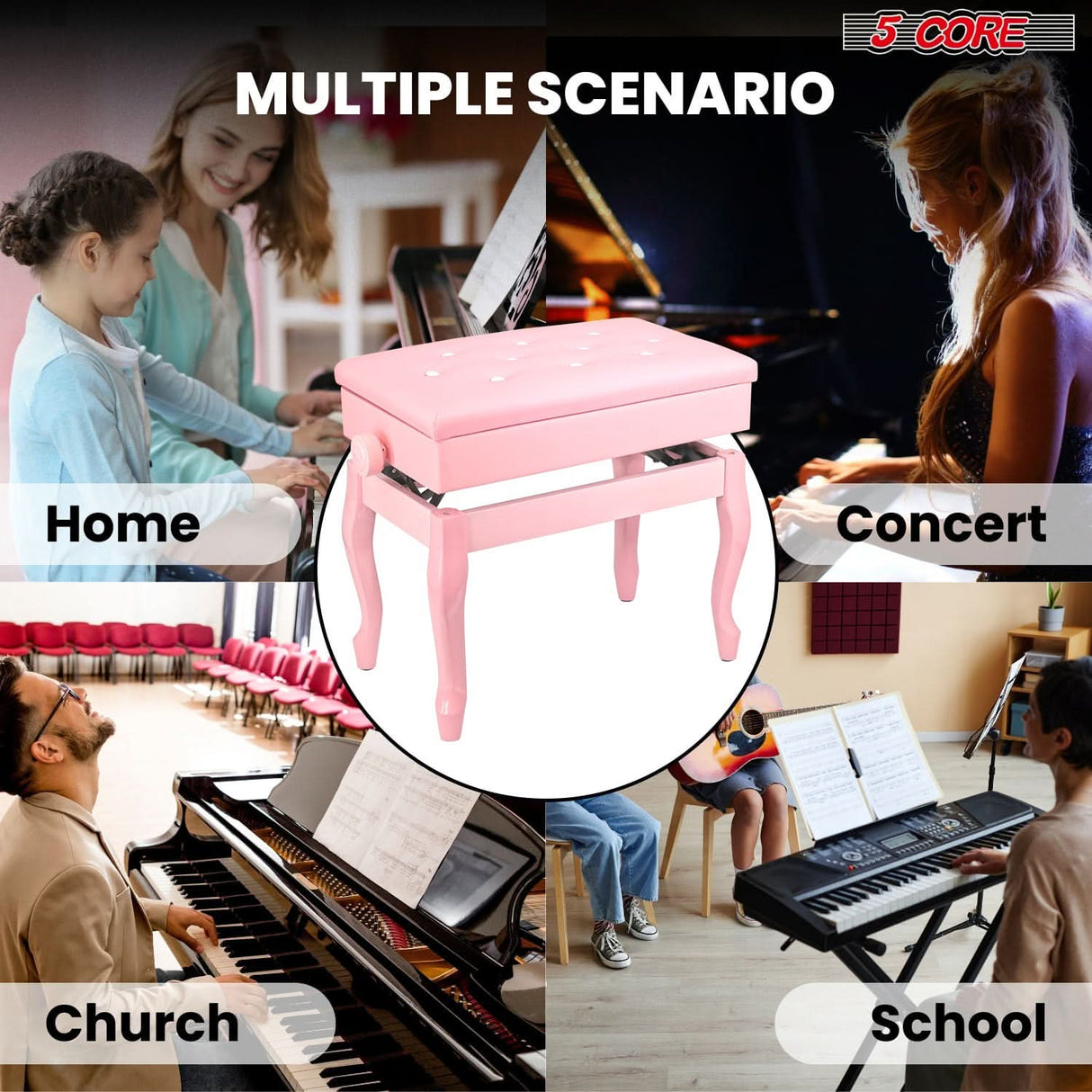 5 Core Piano Bench 3" Padded Cushioned Stool Wooden Heavy Duty Adjustable Musician Chair w Storage