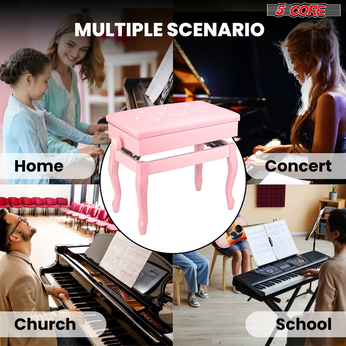 5 Core Piano Bench 3" Padded Cushioned Stool Wooden Heavy Duty Adjustable Musician Chair w Storage