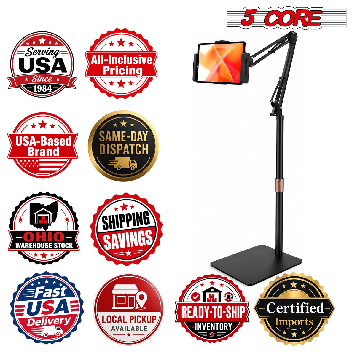 5 Core Tablet Floor Stand 360° Rotatable Adjustable Overhead Universal Bed Phone iPad Stand