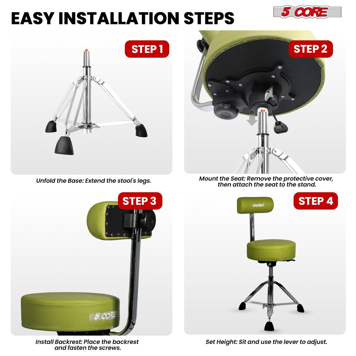 5 Core Drum Throne w Backrest 4" Padded Stool Airlift Adjustable 25.5" Drummer Chair 441Lb Capacity