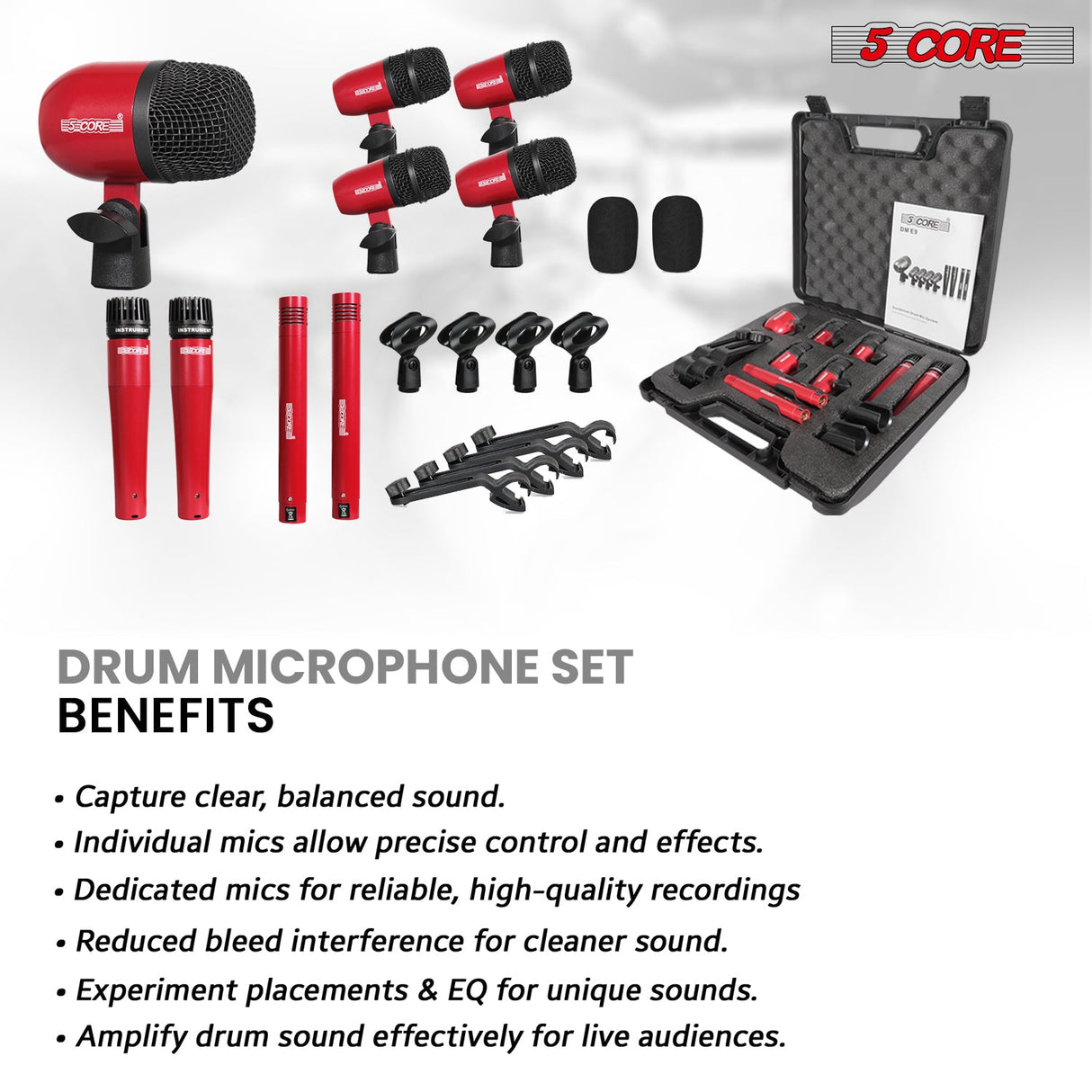 5 Core Drum Microphone Kit 9Pc All Metal Drummer Mics Tom/Snare & Cymbals Wired Instrument Drums Set
