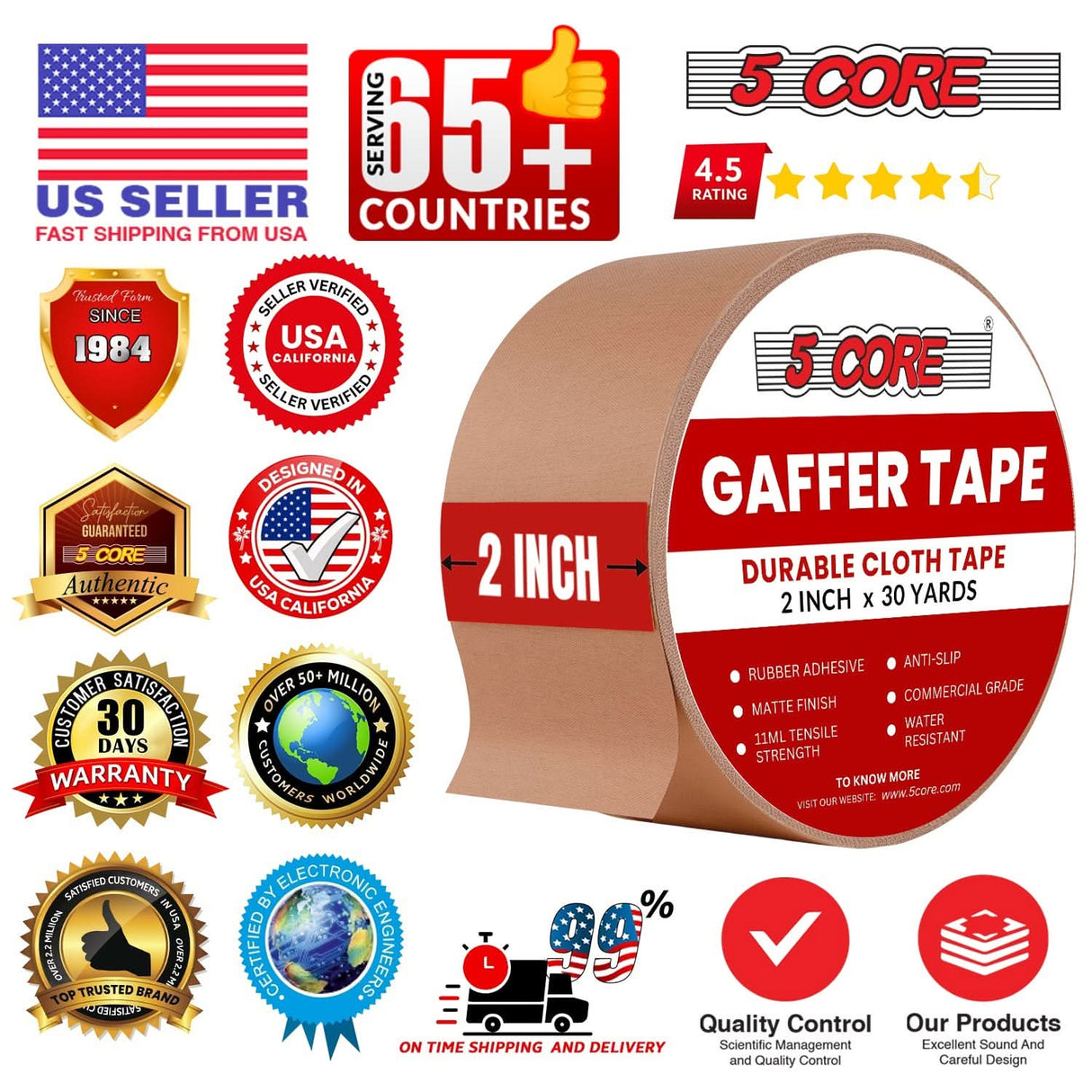 5 Core Gaffers Tape 2 Inch 30 Yards Professional Brown Pro Gaff Tape Non Reflective Water Resistant