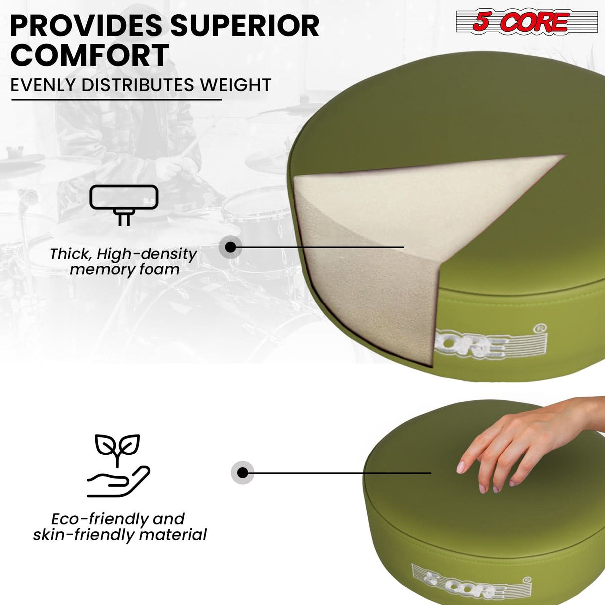 5 Core Drum Throne 4" Thick Padded Guitar Stool 441Lb Capacity 20-26” Adjustable Drummer Chair
