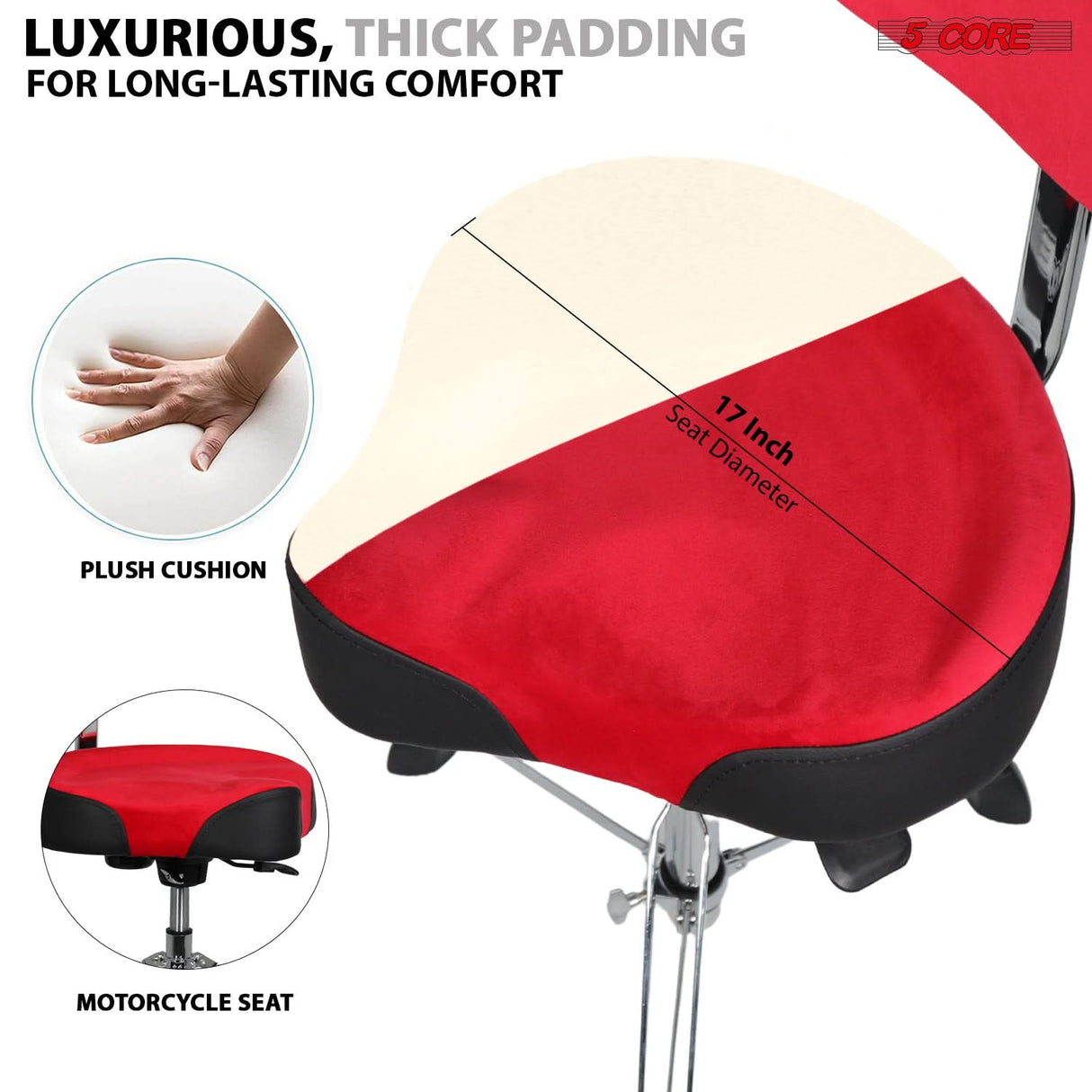 5 Core Drum Throne w Backrest 4" Padded Stool Airlift 25" Adjustable Drummer Stool 441Lb Capacity