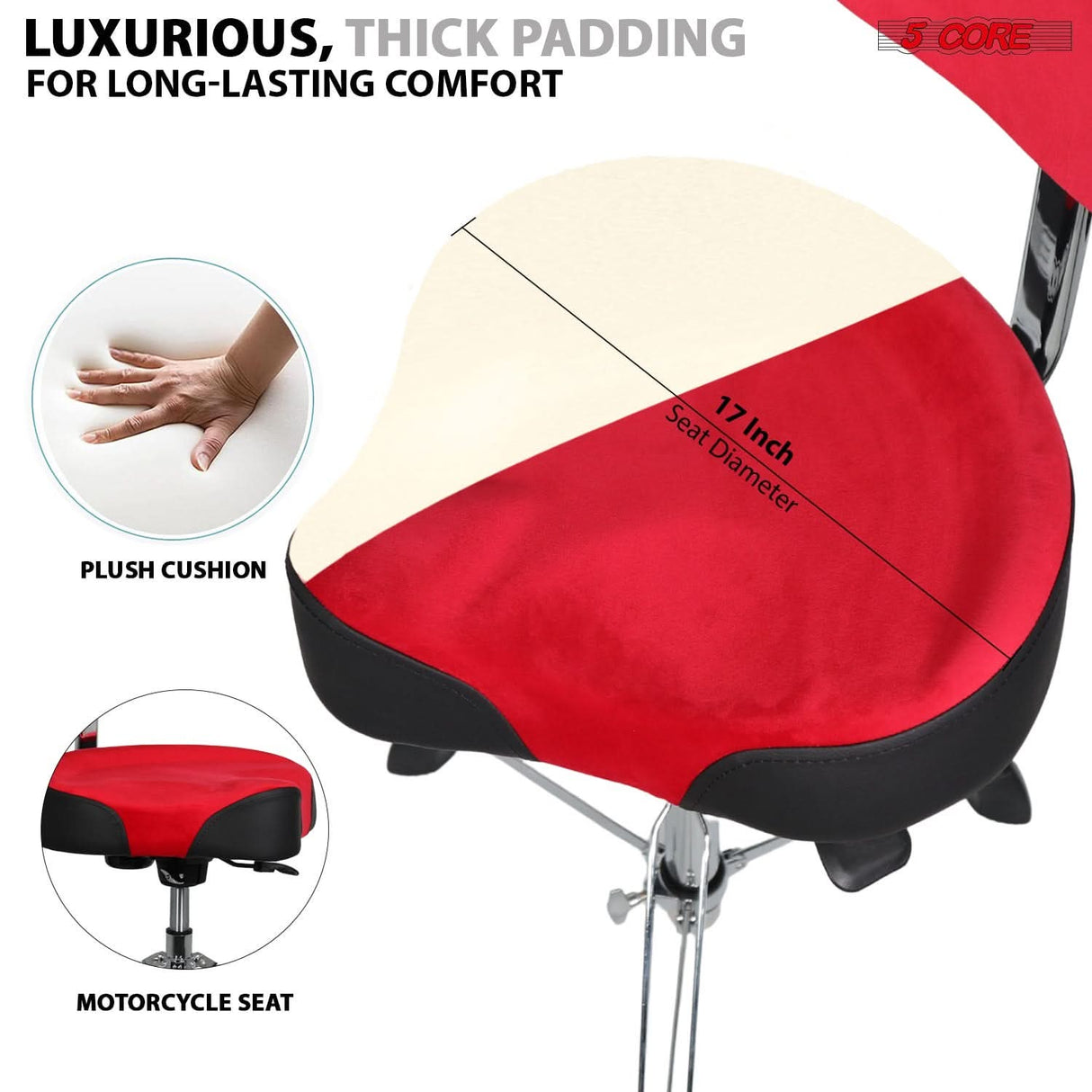 5 Core Drum Throne w Backrest 4" Padded Stool Airlift 25" Adjustable Drummer Stool 441Lb Capacity