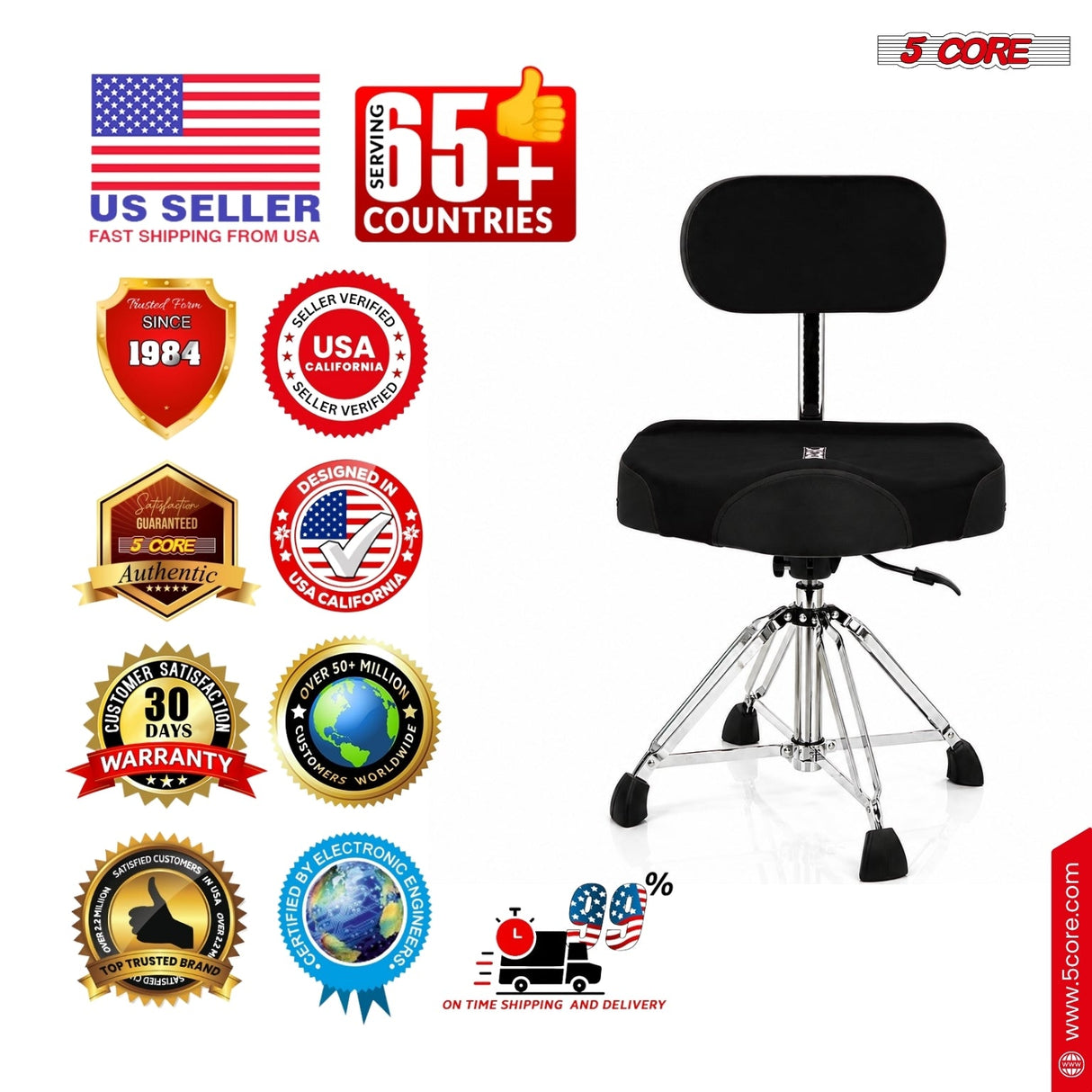 5 Core Drum Throne w Backrest 4" Padded Stool Airlift Adjustable Drummer Chair