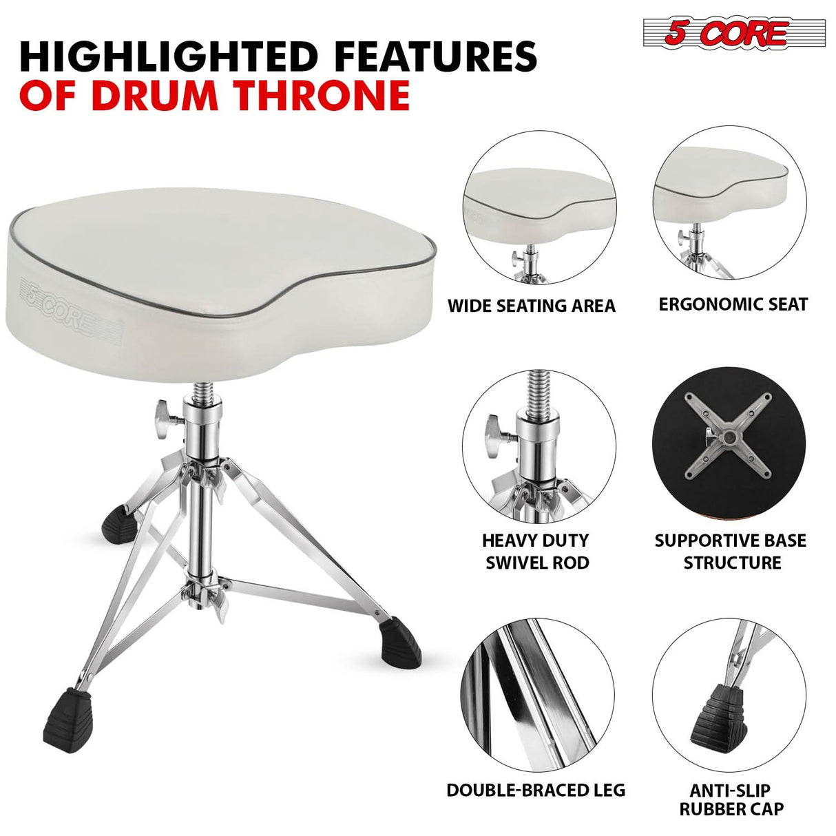 5 Core Drum Throne 4" Padded Saddle Seat Heavy Duty Adjustable Drumming Chair