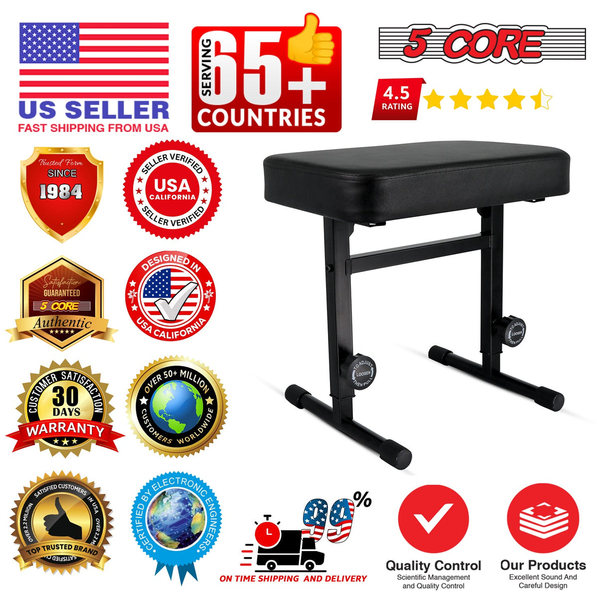5 Core Keyboard Bench 3" Padded Cushioned Piano Stool Height Adjustable Guitar Seat Folding Portable
