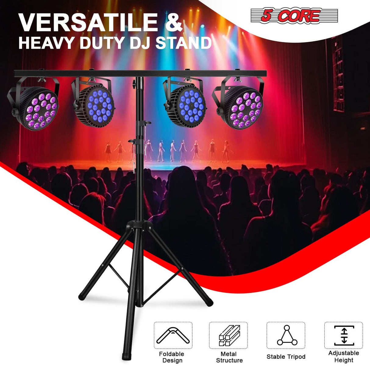 5 Core DJ Light Stand Pair Height Adjustable 39-100" Heavy Duty Tripod Stage Lights Stands w Light T Bar