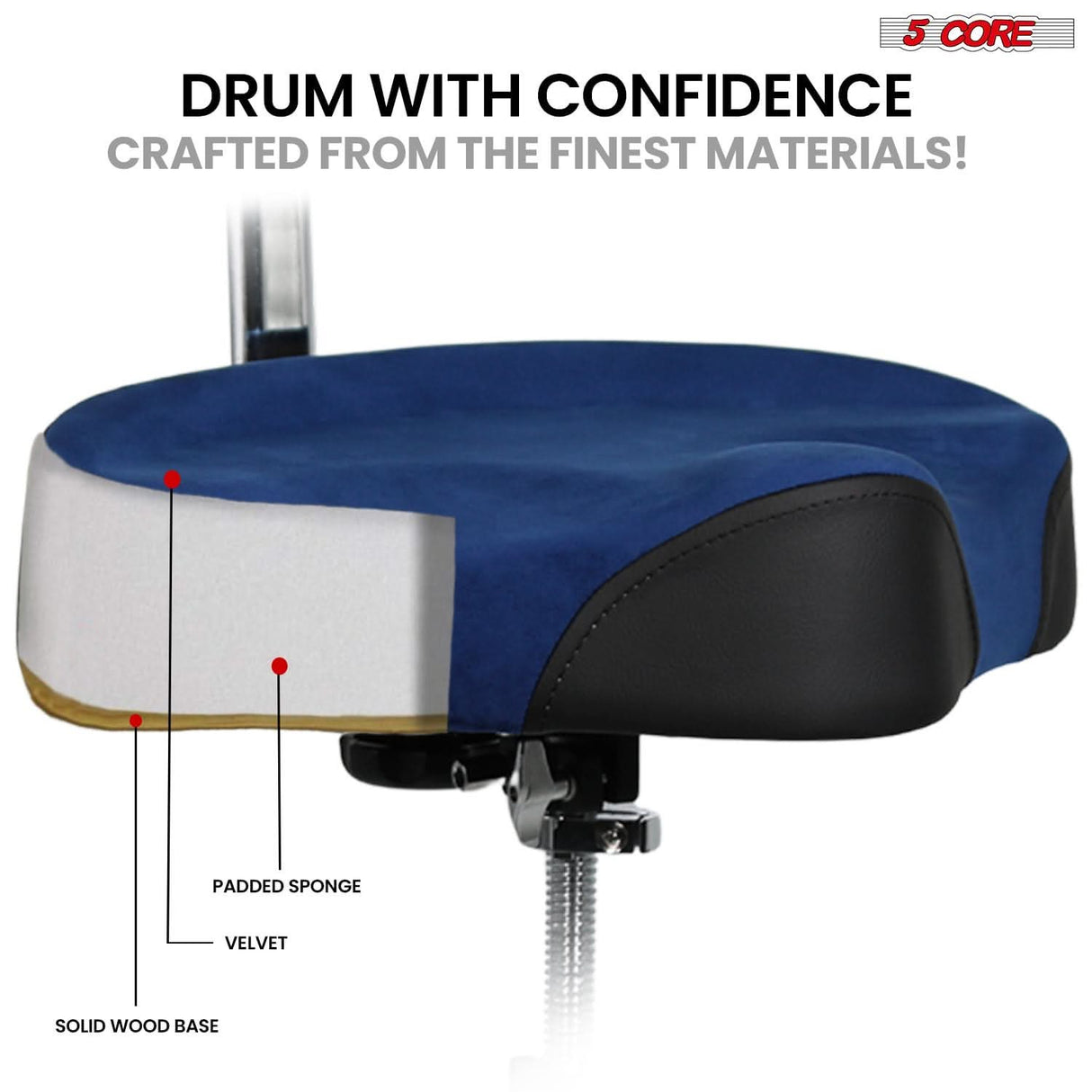 5 Core Drum Throne w Backrest 4" Padded Adjustable 26.5" Drummer Stool w Velvet Top 441Lb Capacity