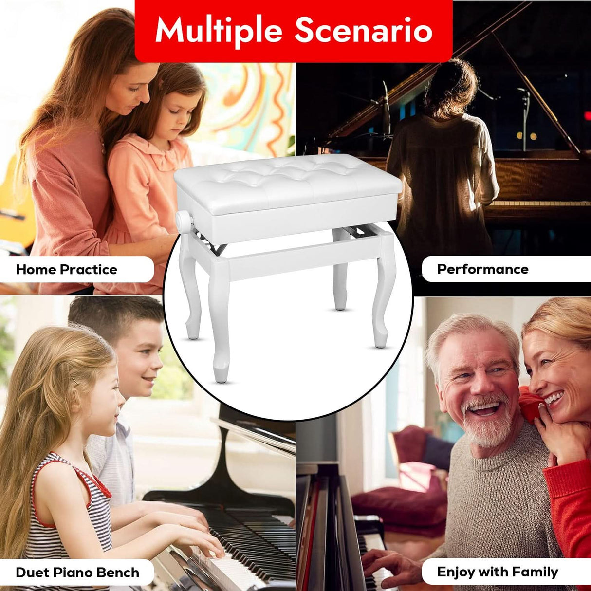 5 Core Piano Bench 3" Padded Cushioned Stool Wooden Heavy Duty Adjustable Musician Chair w Storage