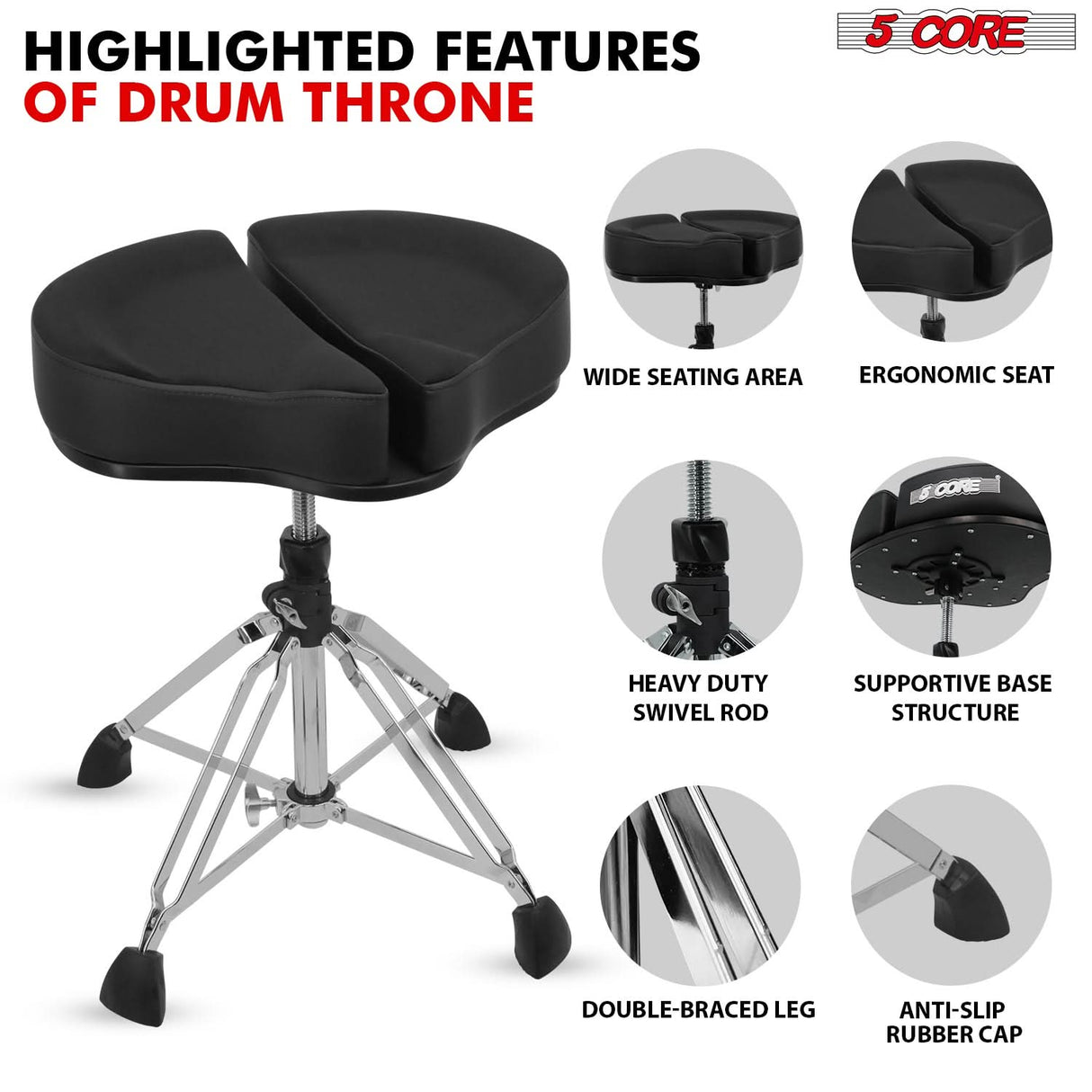 5 Core Drum Throne 5" Padded Split Spine Support 4 Legged 441Lb Capacity Drummer Stool
