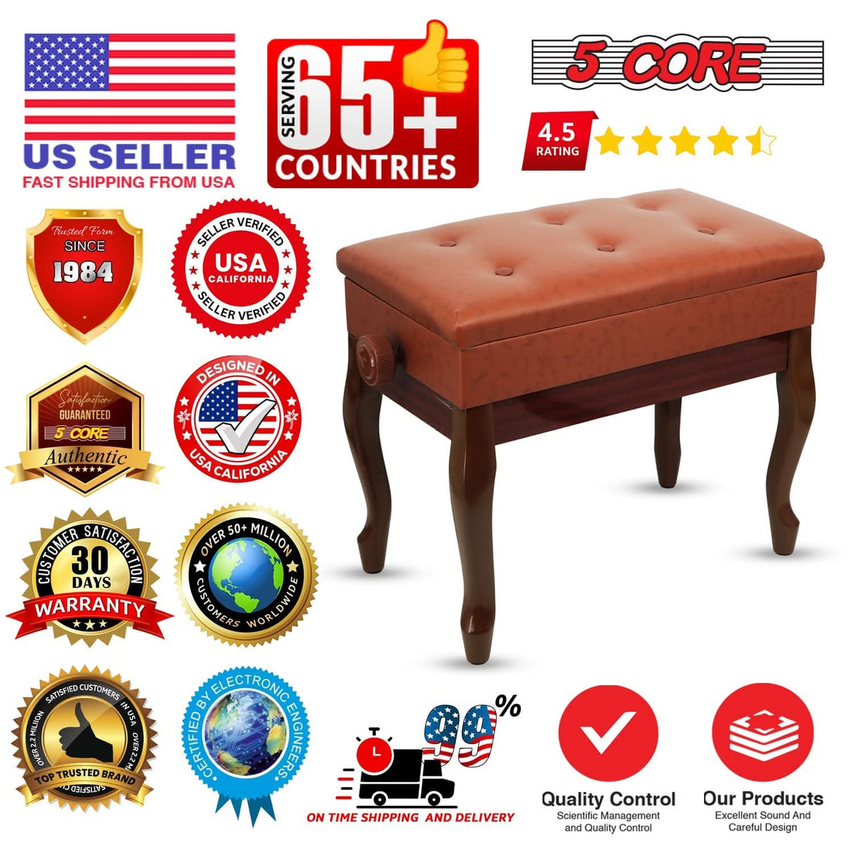 5 Core Piano Bench 3" Padded Cushioned Stool Wooden Heavy Duty Adjustable Musician Chair w Storage