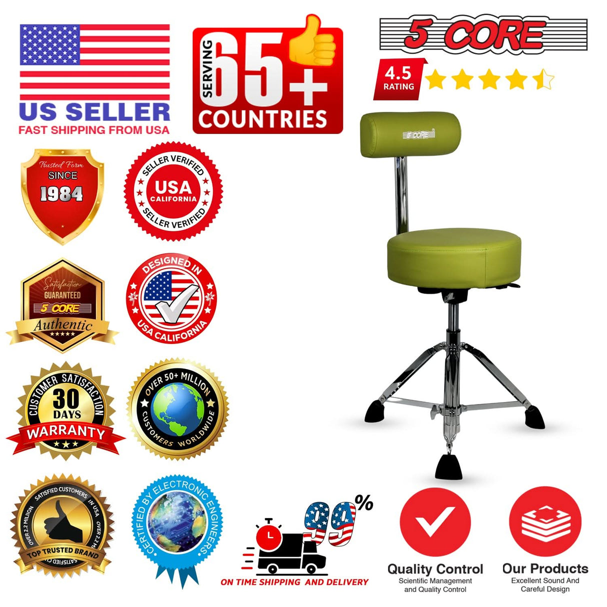5 Core Drum Throne w Backrest 4" Padded Stool Airlift Adjustable 25.5" Drummer Chair 441Lb Capacity