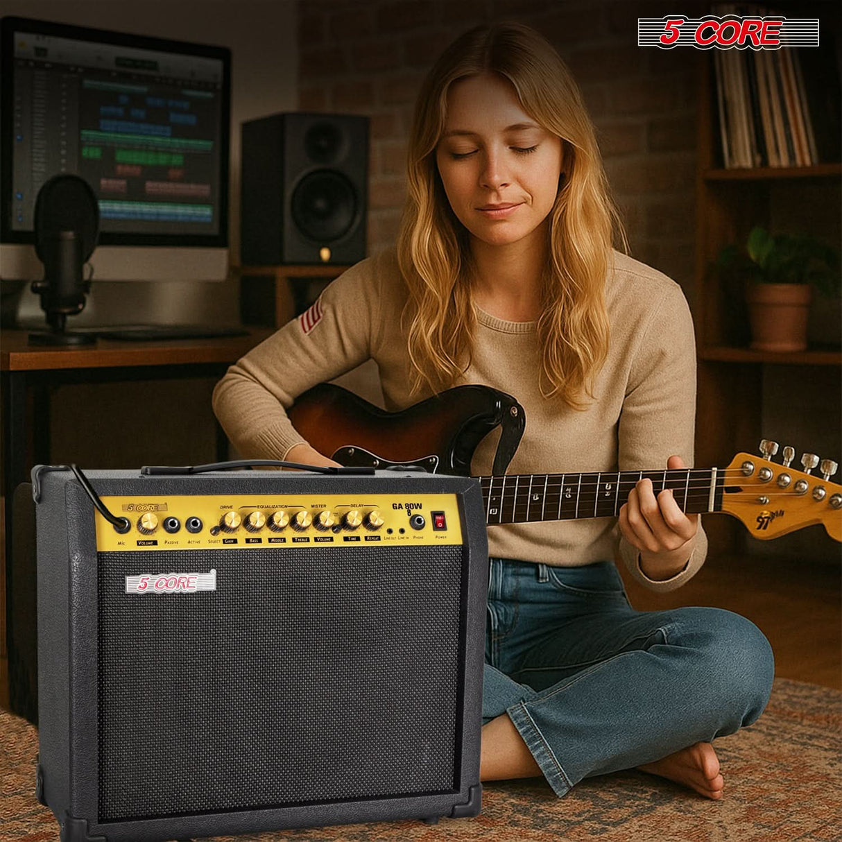 5 Core Guitar Amplifier 80 Watt Electric Amp w Built in 10" Speaker Portable Mini Practice Amps