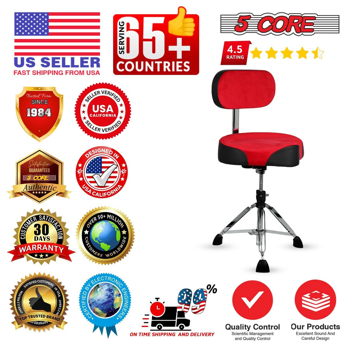 5 Core Drum Throne w Backrest 4" Padded Adjustable 26.5" Drummer Stool w Velvet Top 441Lb Capacity