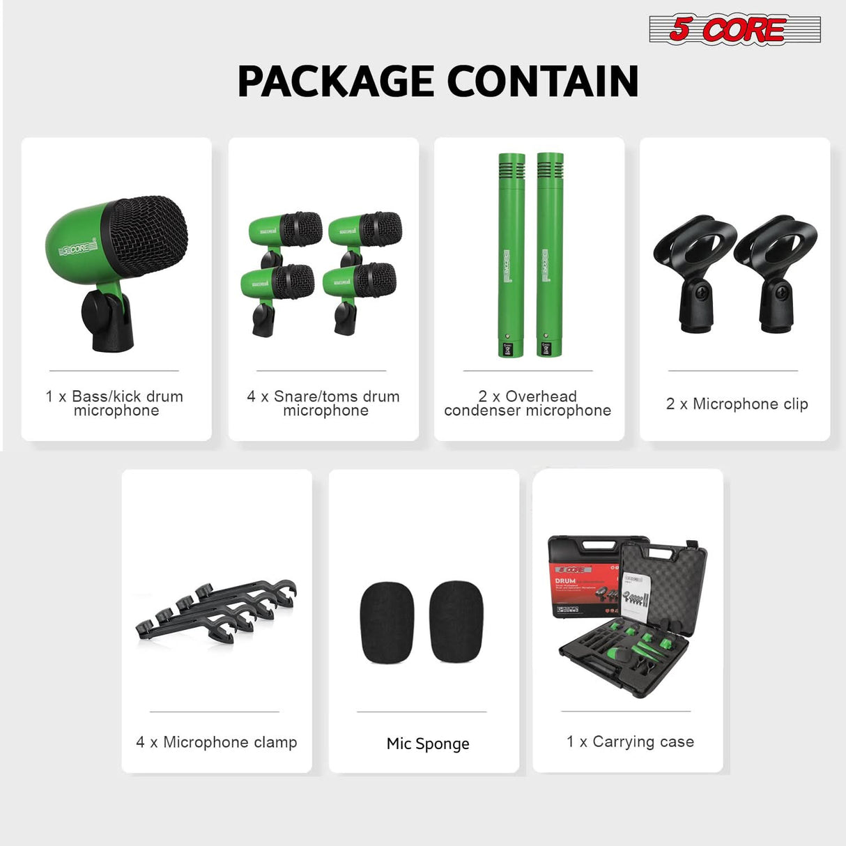 5 Core Drum Microphone Kit 7Pc All Metal Drummer Mics Tom/Snare & Cymbals Wired Instrument Drums Set