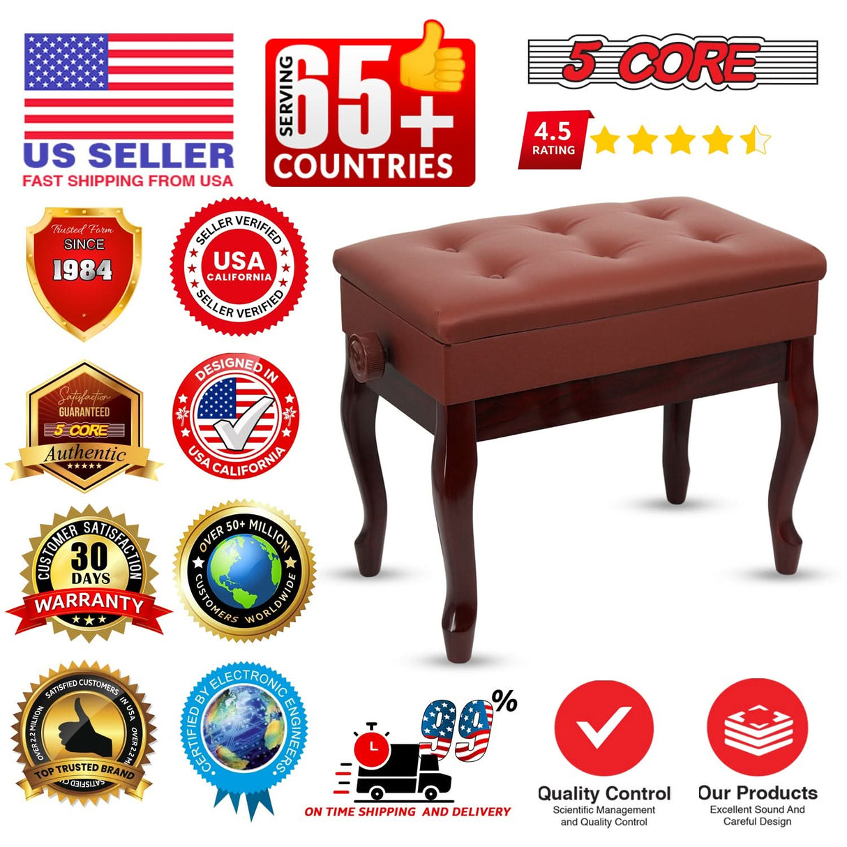 5 Core Piano Bench 3" Padded Cushioned Stool Wooden Heavy Duty Adjustable Musician Chair w Storage