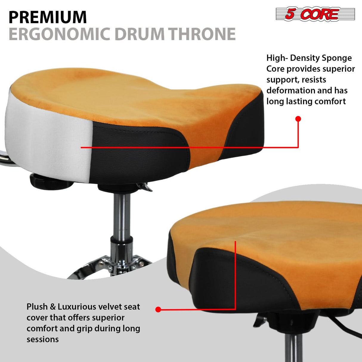 5 Core Drum Throne w Backrest 4" Padded Stool Airlift 25" Adjustable Drummer Stool 441Lb Capacity