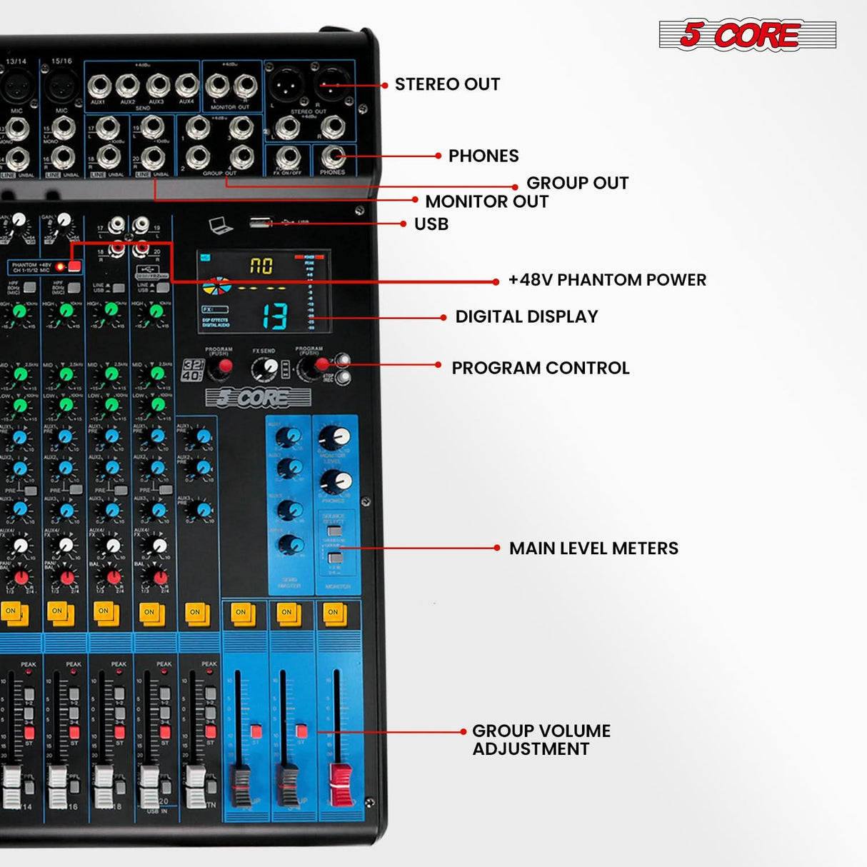 5 Core Audio Mixer 20 Channel DJ Soundboard USB Interface Bluetooth Mixing Console w 24 SPX Effect