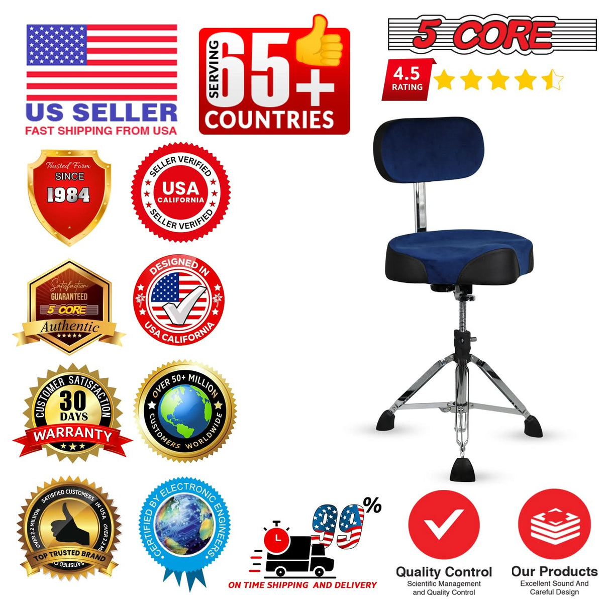 5 Core Drum Throne w Backrest 4" Padded Adjustable 26.5" Drummer Stool w Velvet Top 441Lb Capacity