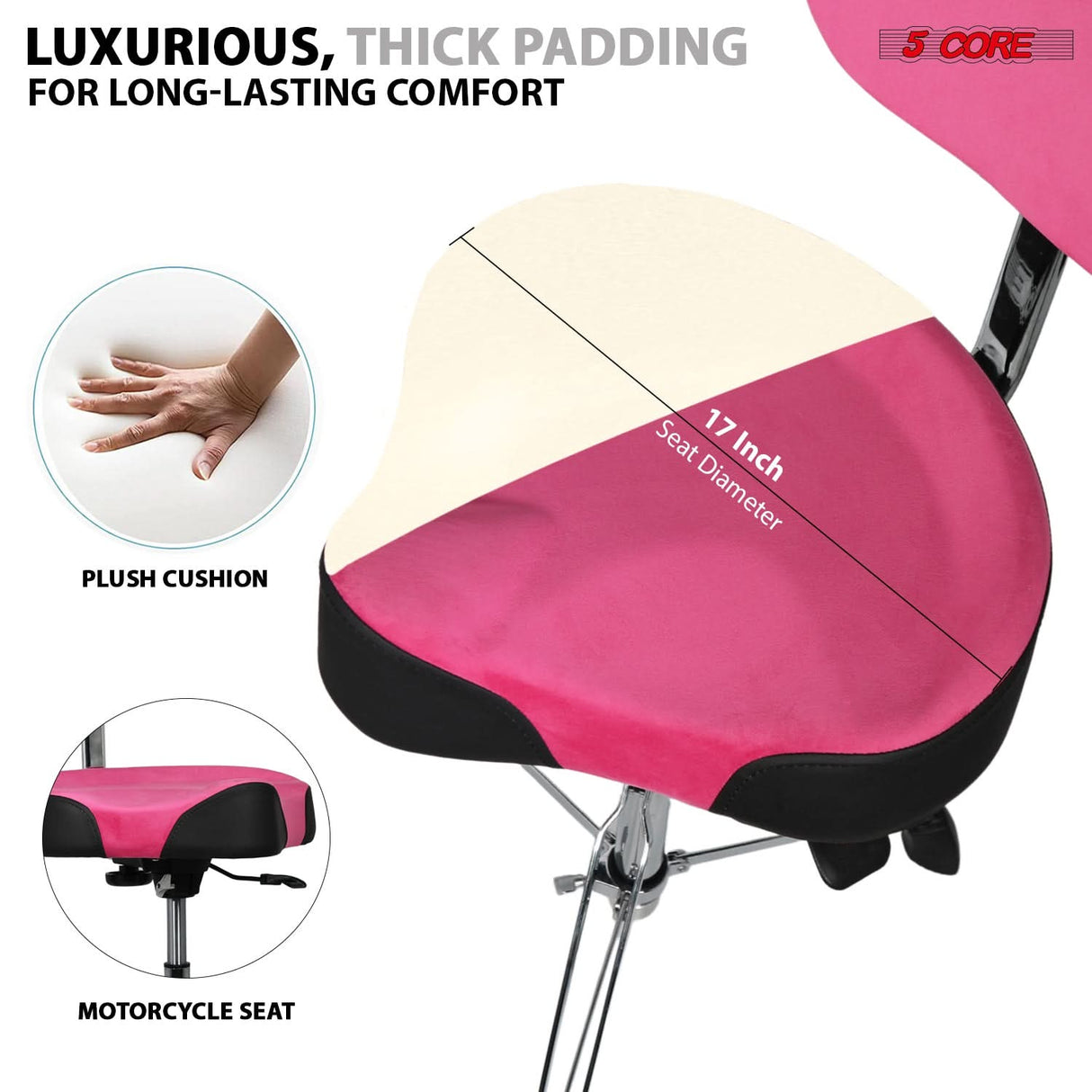 5 Core Drum Throne w Backrest 4" Padded Stool Airlift 25" Adjustable Drummer Stool 441Lb Capacity