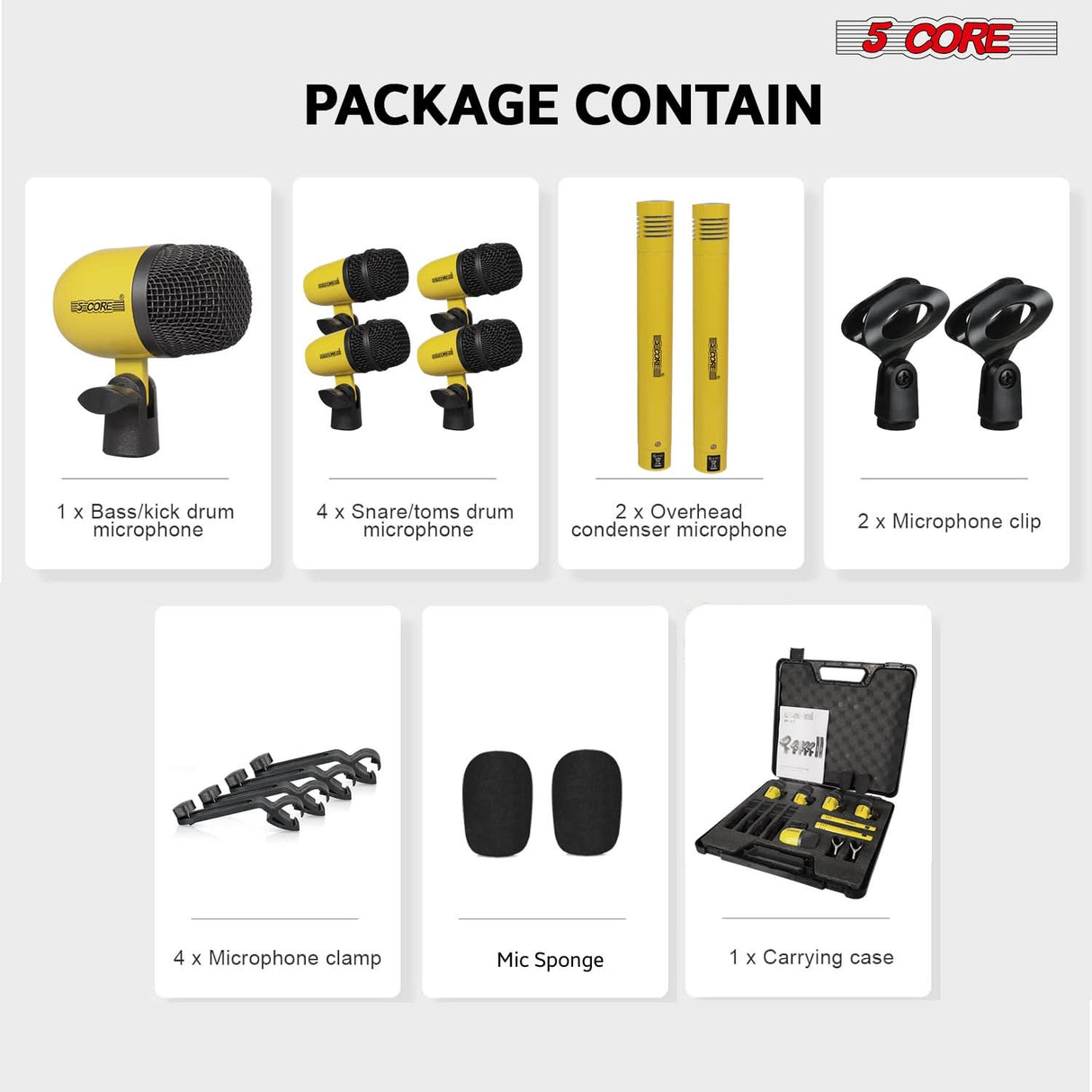 5 Core Drum Microphone Kit 7 Piece All Metal Drummer Instrument Mics Tom/Snare & Cymbals Set