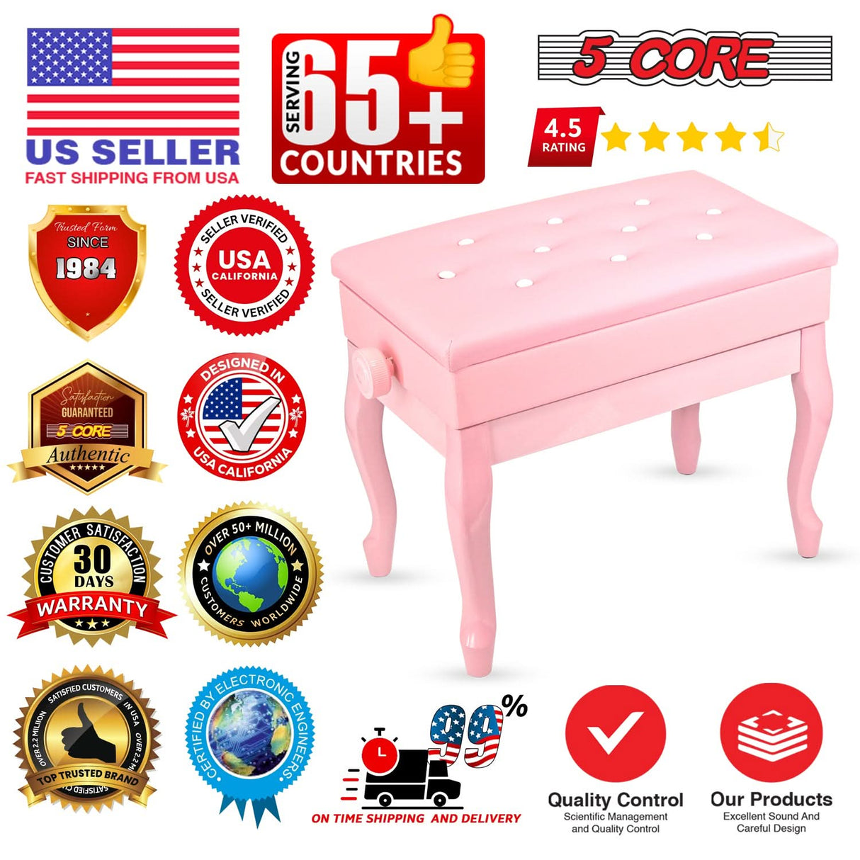5 Core Piano Bench 3" Padded Cushioned Stool Wooden Heavy Duty Adjustable Musician Chair w Storage