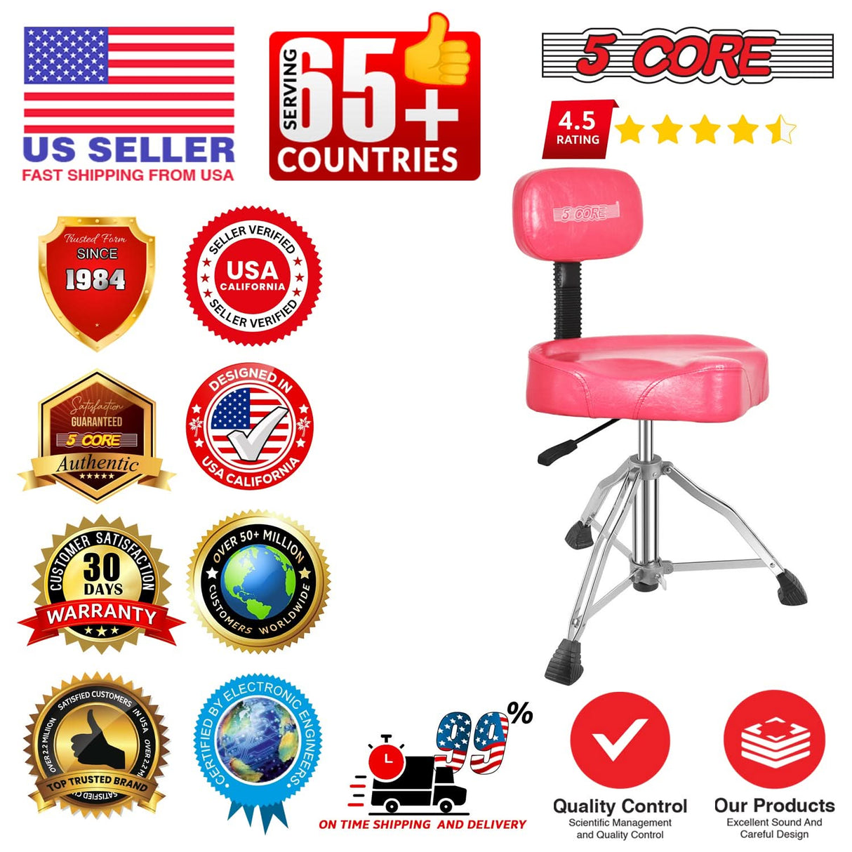5 Core Drum Throne w Backrest 4" Padded Stool Adjustable 24.5" Drummer Chair w 441Lb Capacity