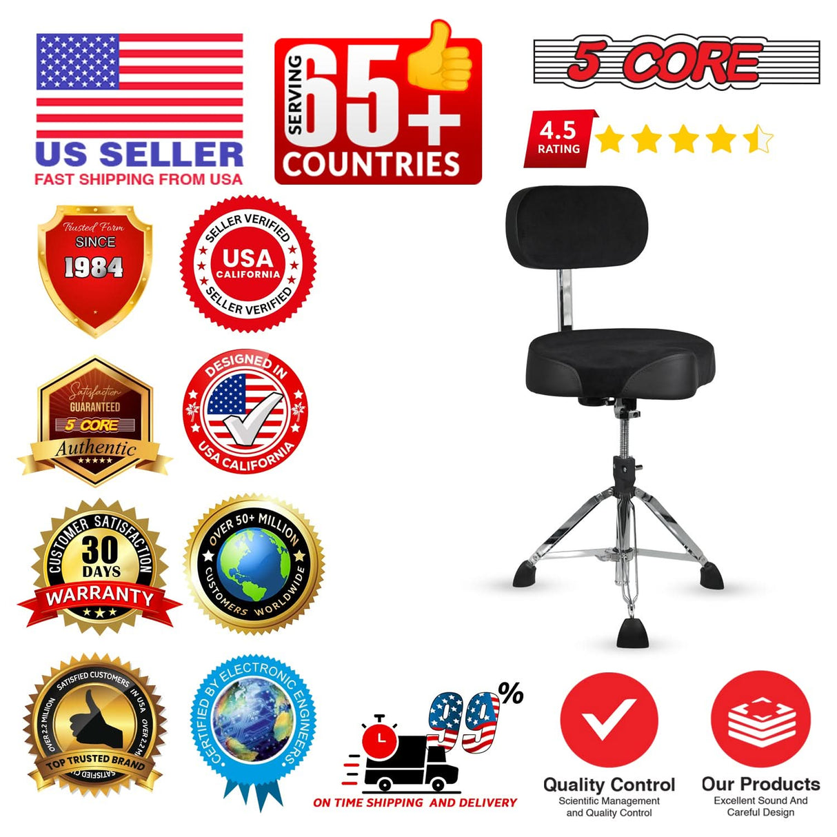 5 Core Drum Throne w Backrest 4" Padded Adjustable 26.5" Drummer Chair w Velvet Top 441Lb Capacity