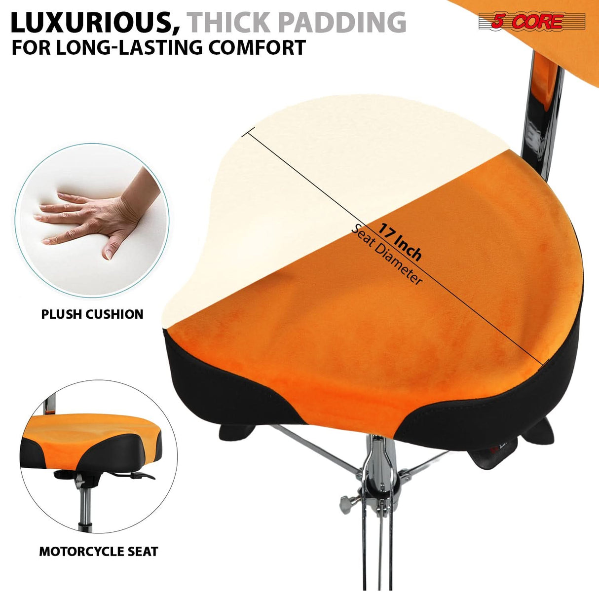 5 Core Drum Throne w Backrest 4" Padded Stool Airlift 25" Adjustable Drummer Stool 441Lb Capacity