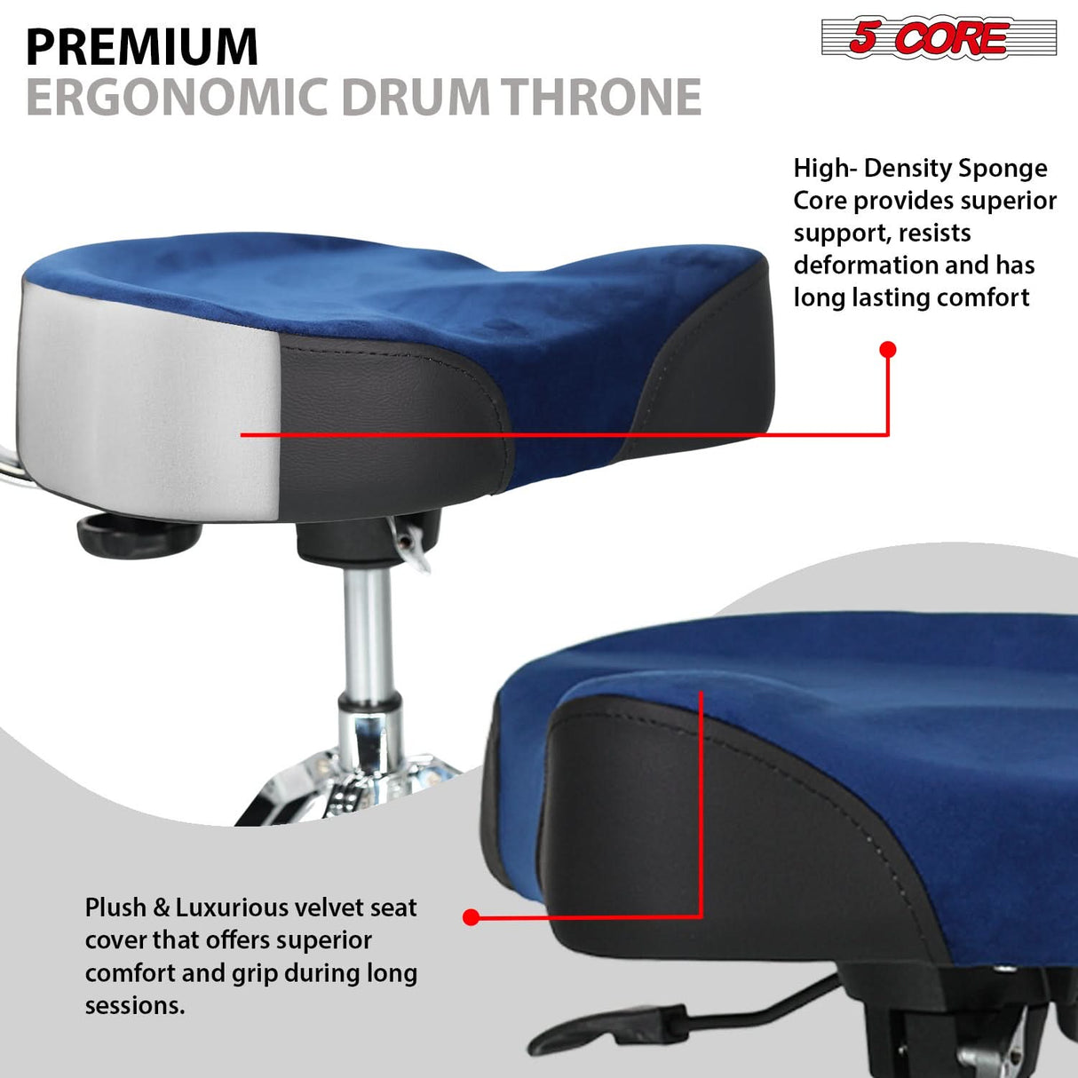 5 Core Drum Throne w Backrest 4" Padded Stool Airlift 25" Adjustable Drummer Stool 441Lb Capacity