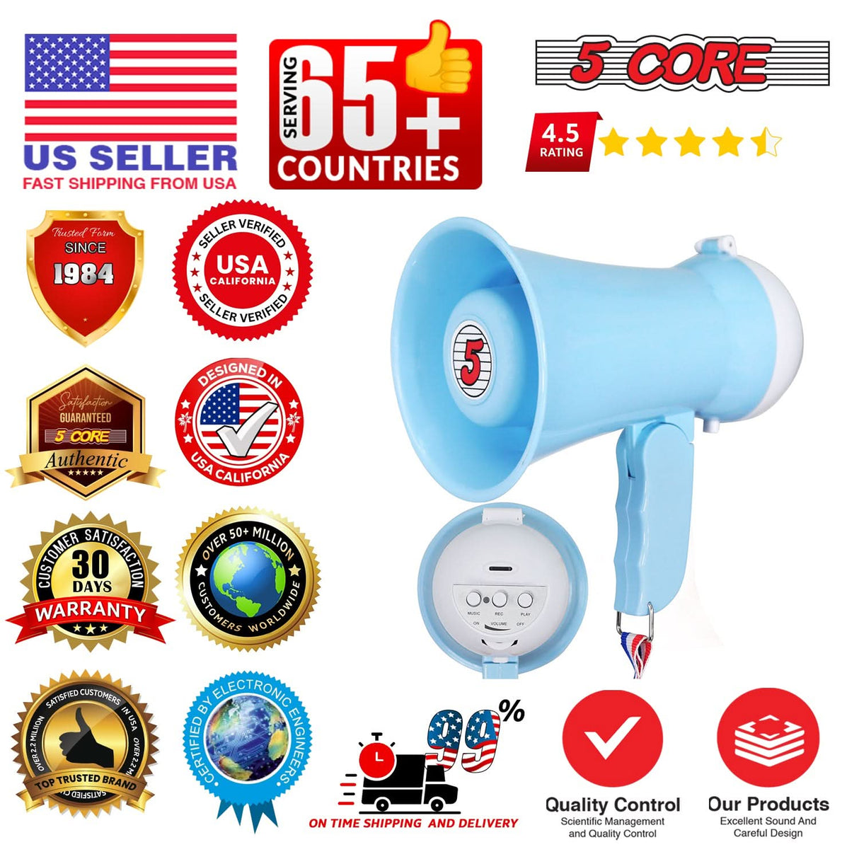 5Core Megaphone 15W Bull Horn Kids PA Speaker w 400 Yards Range Siren Lightweight Loud Mini Megafono