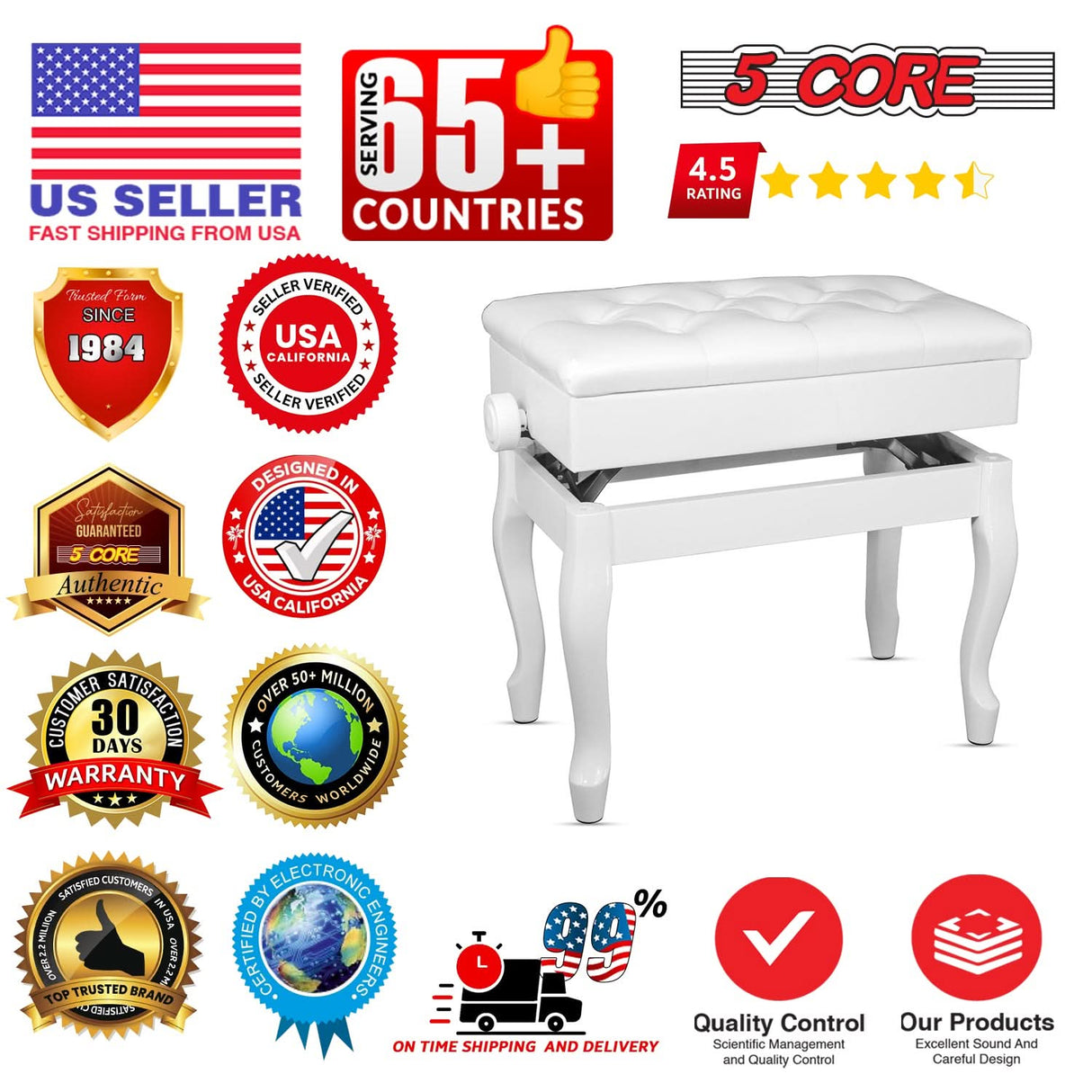 5 Core Piano Bench 3" Padded Cushioned Stool Wooden Heavy Duty Adjustable Musician Chair w Storage