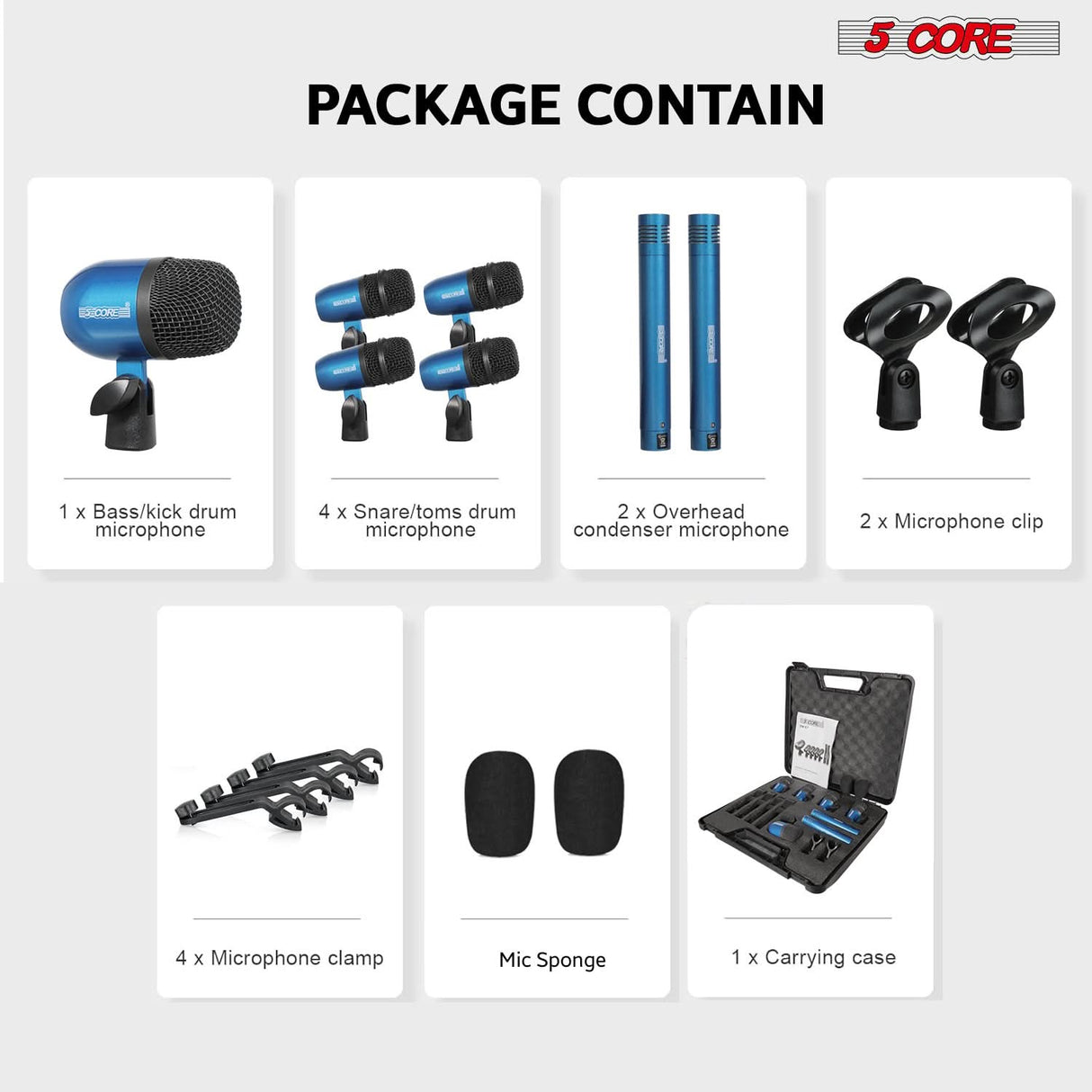 5 Core Drum Microphone Kit 7Pc All Metal Drummer Mics Tom/Snare & Cymbals Wired Instrument Drums Set