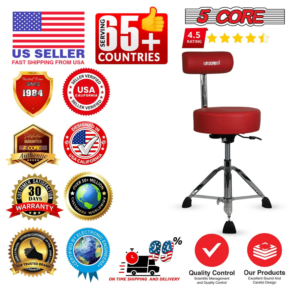 5 Core Drum Throne w Backrest 4" Padded Stool Airlift Adjustable 25.5" Drummer Chair 441Lb Capacity