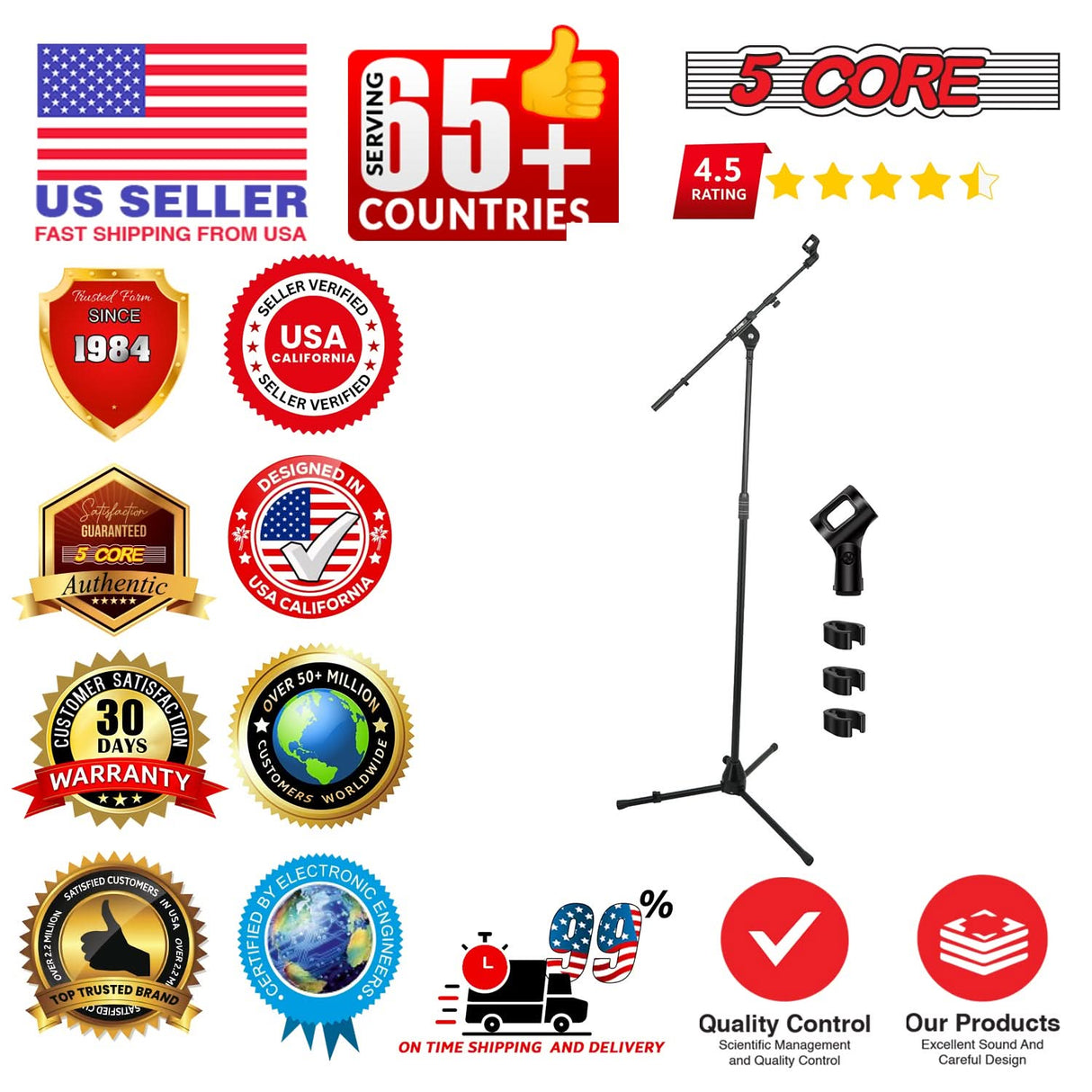 5 Core Mic Stand 2Pcs Adjustable 82" Microphone Stands Floor w 180° Telescoping Metal Boom Arm