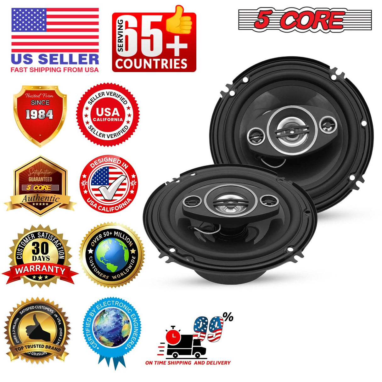 5Core Coaxial Car Door Speakers 6” Pair 500W 4Ohm 2 Way Component Subwoofer Audio w Super Tweeter