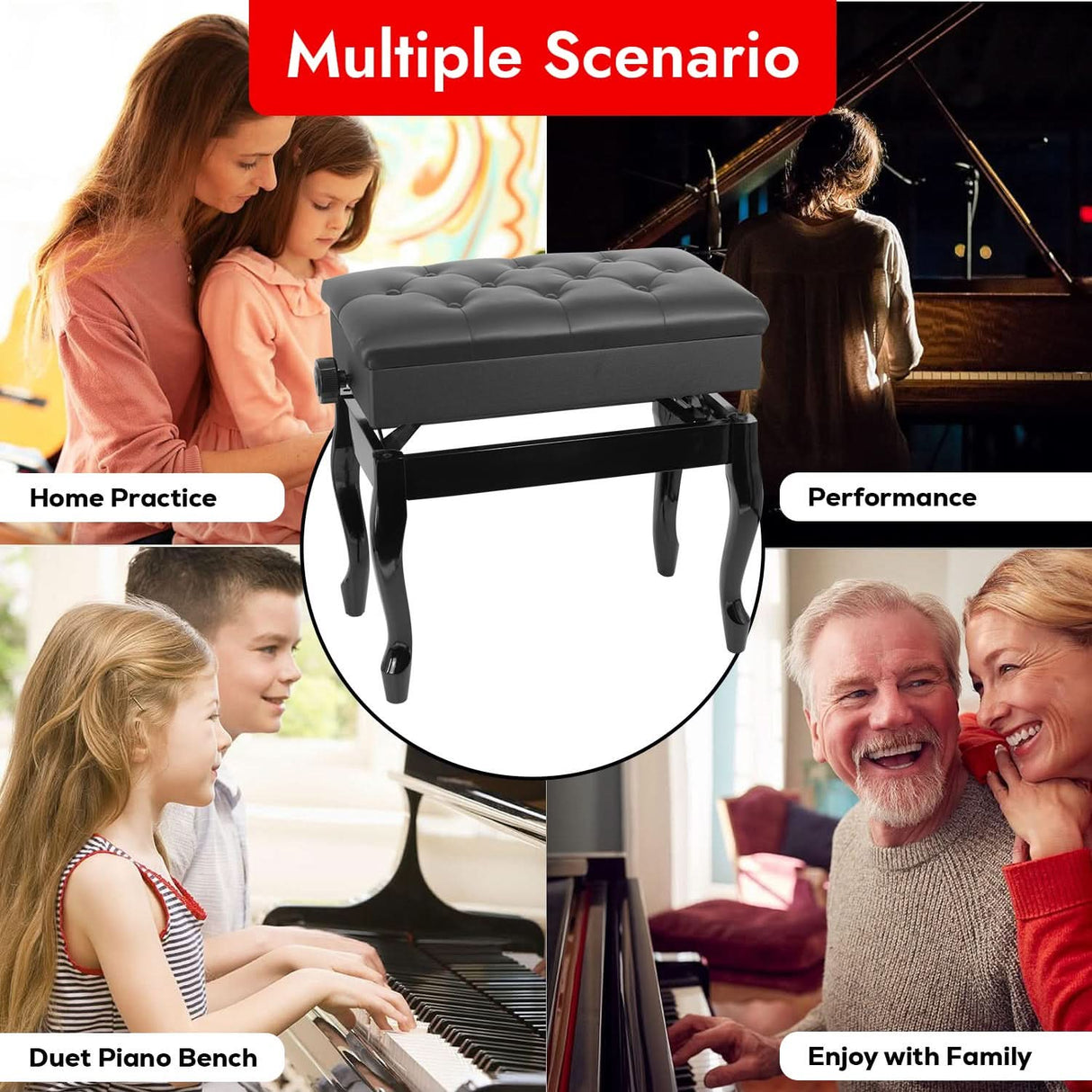 5 Core Piano Bench 3" Padded Cushioned Stool Wooden Heavy Duty Adjustable Musician Chair w Storage